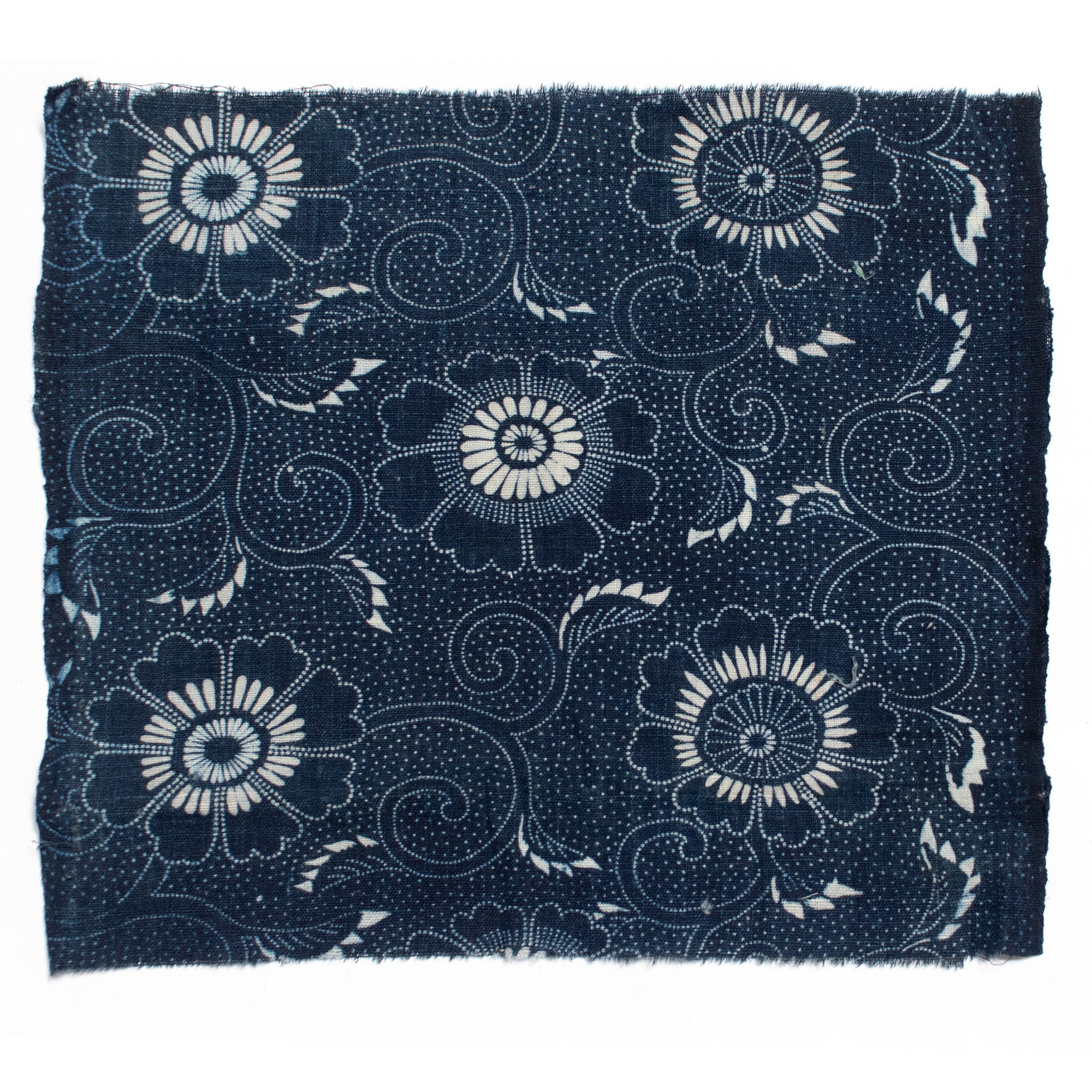 Indigo Cotton Katazome Fragment with Floral Motif