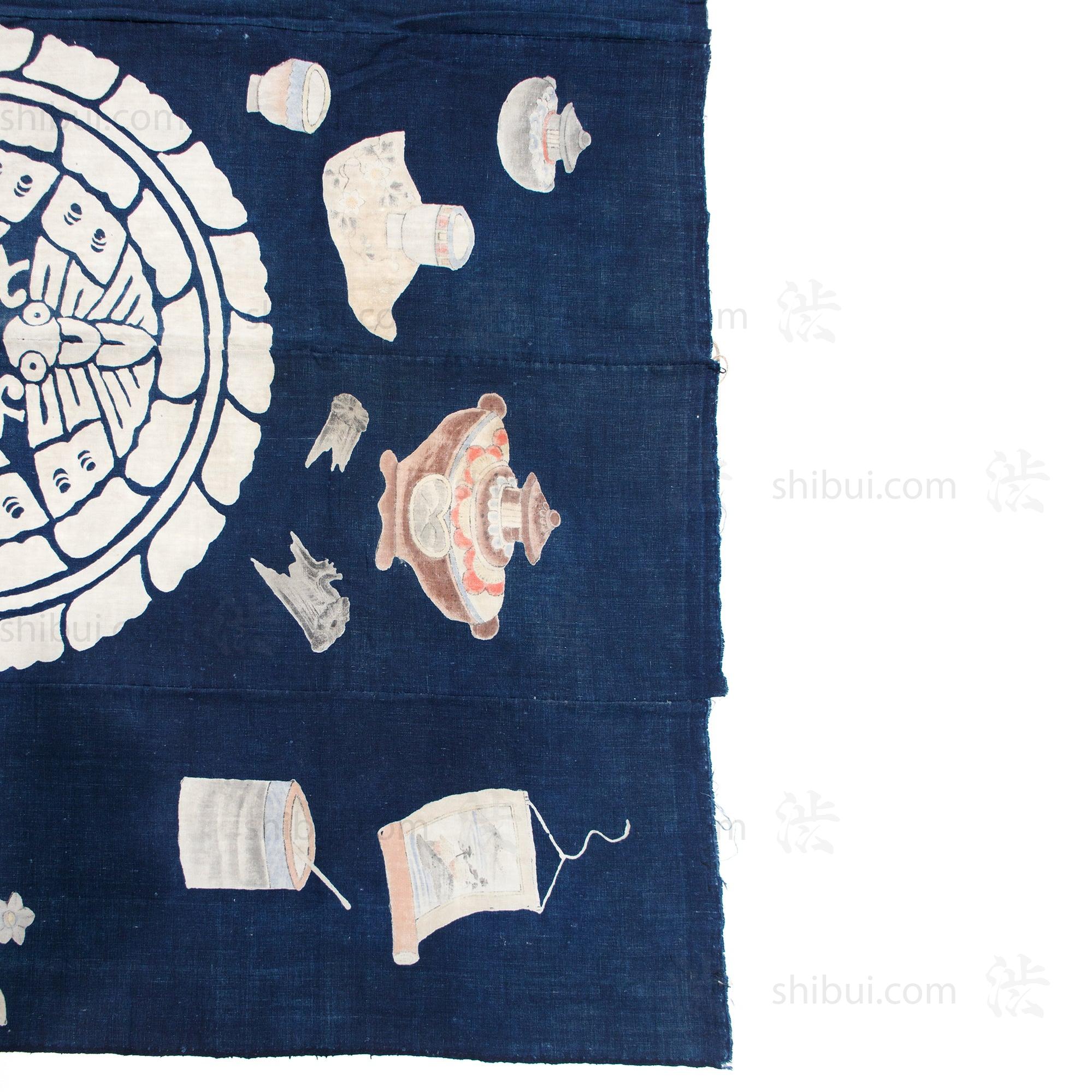 Chado Tea Ceremony Themed Tsutsugaki Dyed Futonji | Indigo Cotton