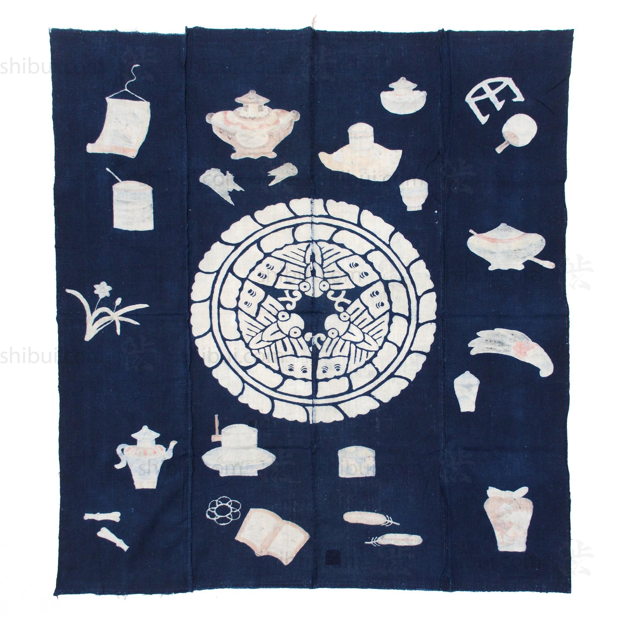 Chado Tea Ceremony Themed Tsutsugaki Dyed Futonji | Indigo Cotton