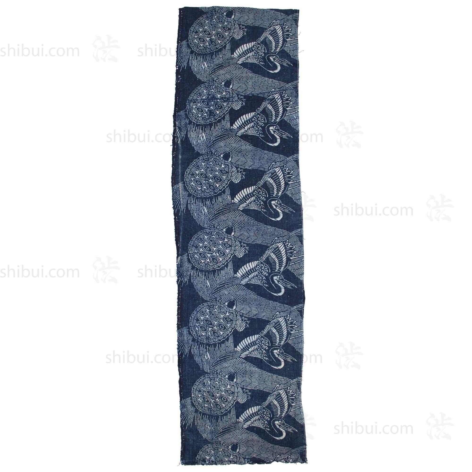 Indigo Katazome Panel | Japanese Textile with Crane & Tortoise Pattern
