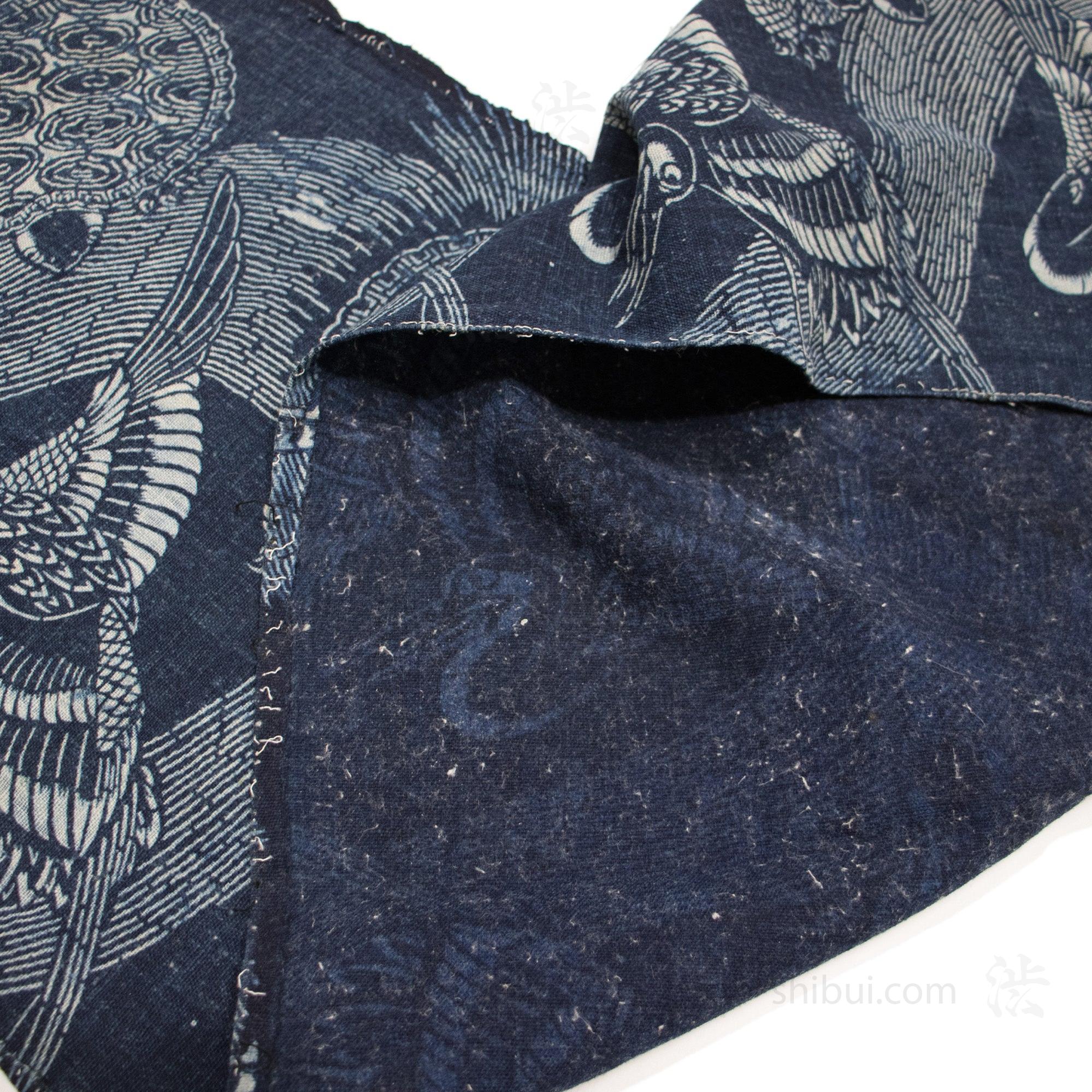Indigo Katazome Panel | Japanese Textile with Crane & Tortoise Pattern