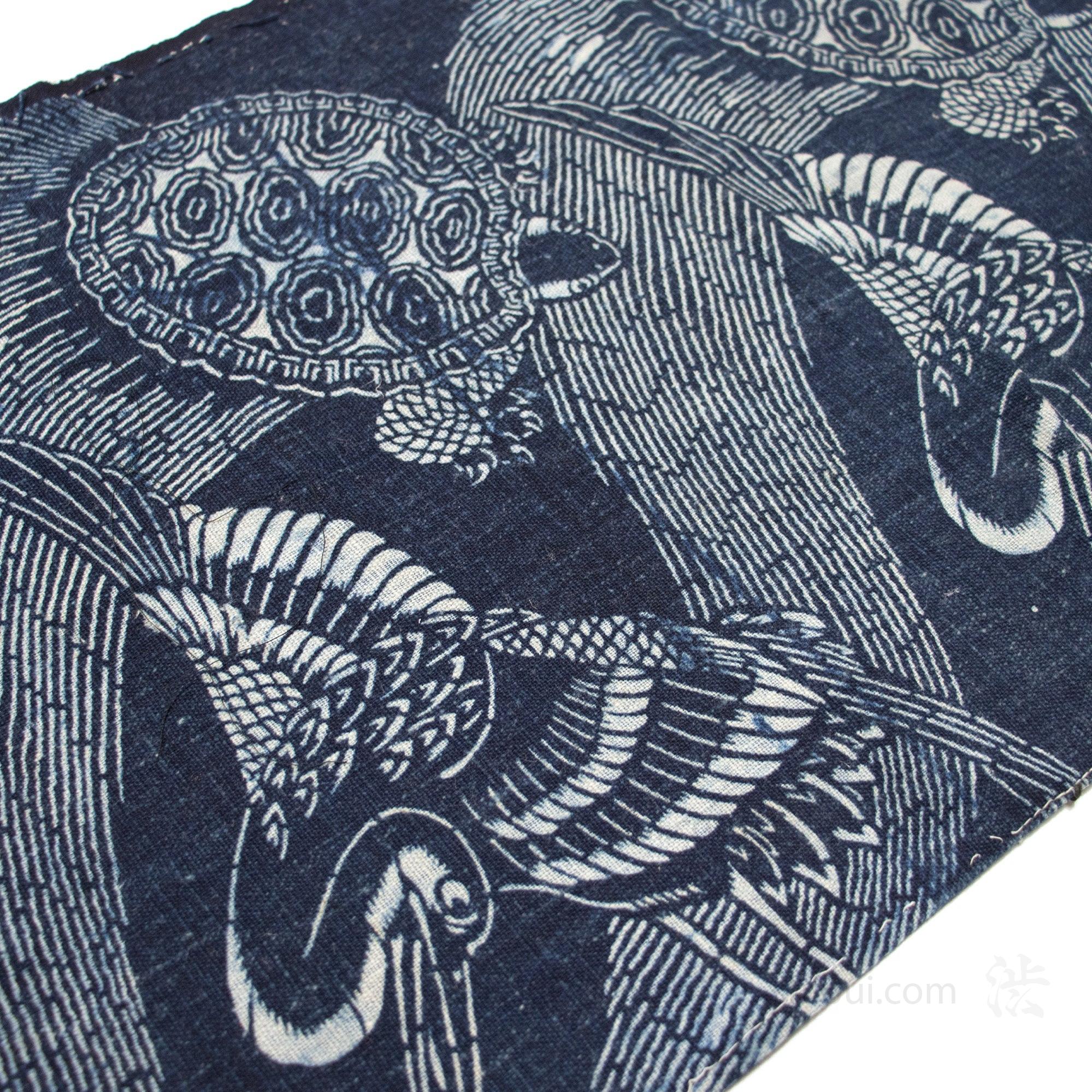 Indigo Katazome Panel | Japanese Textile with Crane & Tortoise Pattern