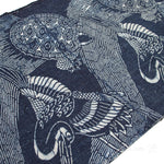 Indigo Katazome Panel | Japanese Textile with Crane & Tortoise Pattern