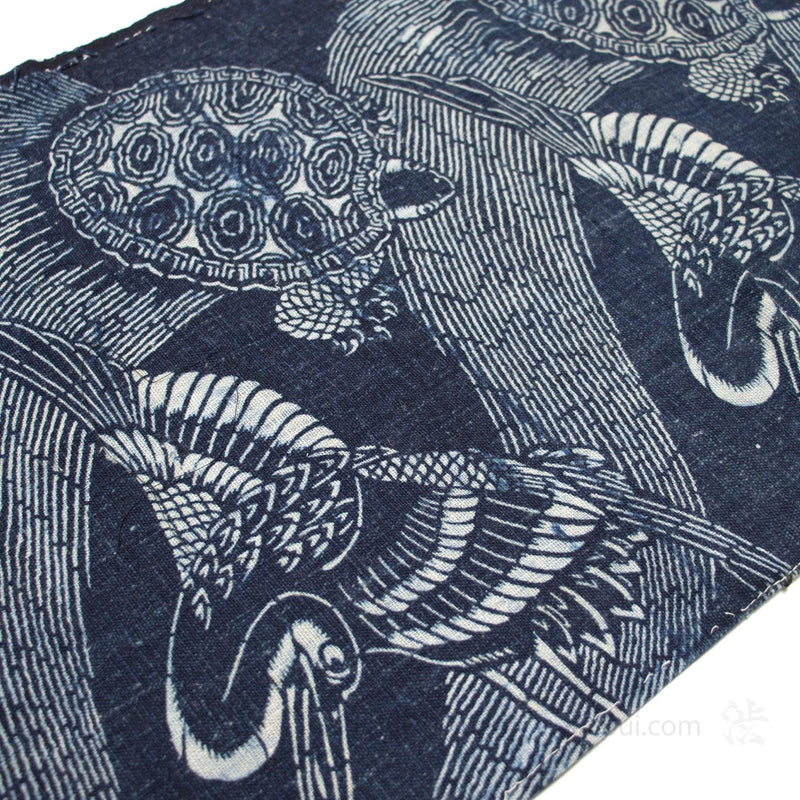 Indigo Katazome Panel | Japanese Textile with Crane & Tortoise Pattern