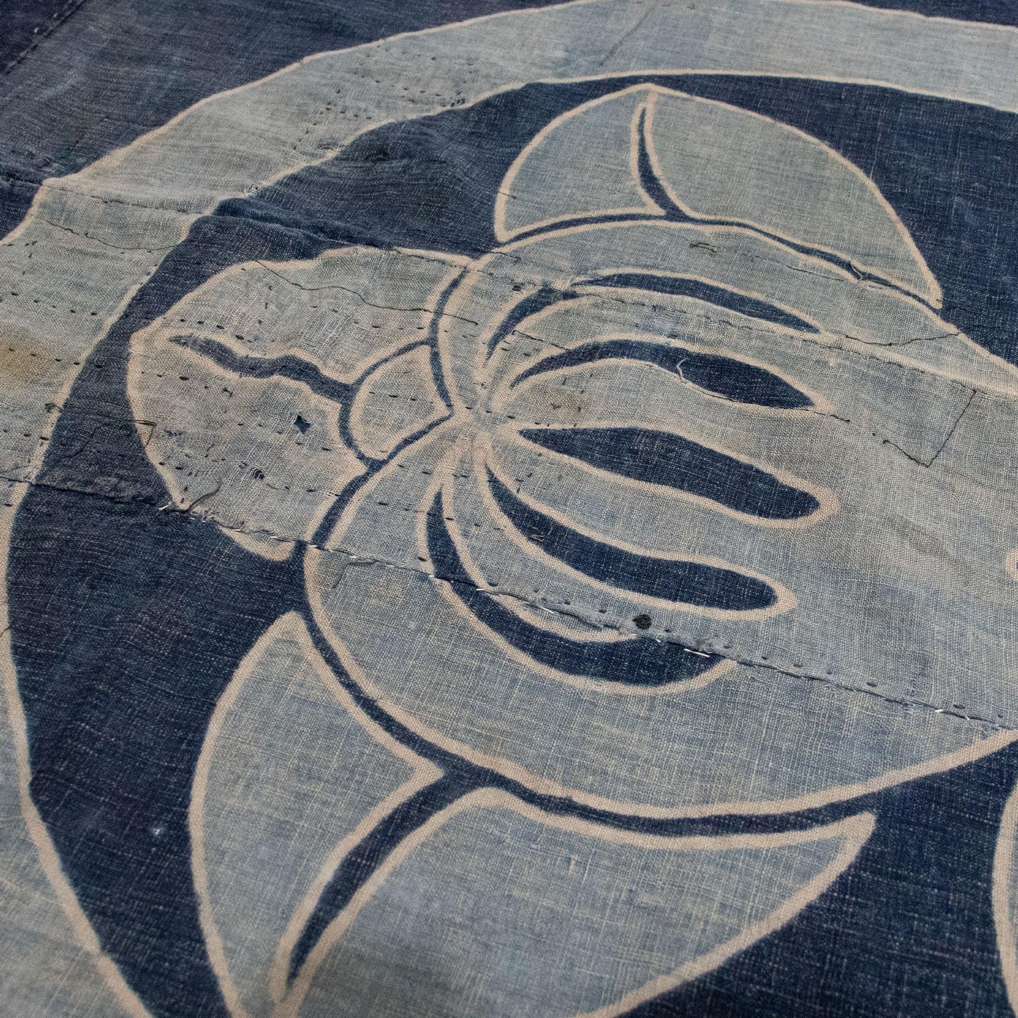 Japanese Tsutsugaki Indigo Futonji with Mon Family Crest Motif