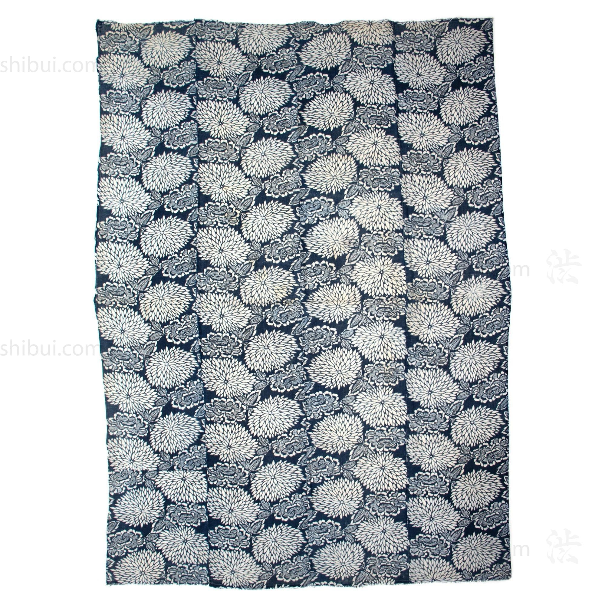 Katazome Futonji with Botan and Kiku Motif | Japanese Indigo