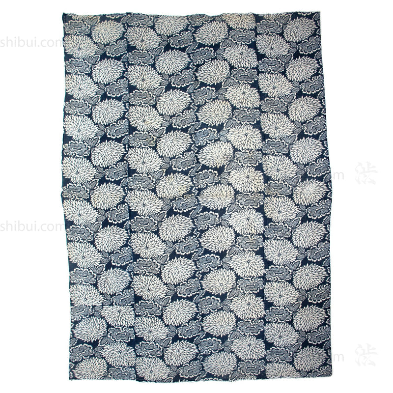 Katazome Futonji with Botan and Kiku Motif | Japanese Indigo