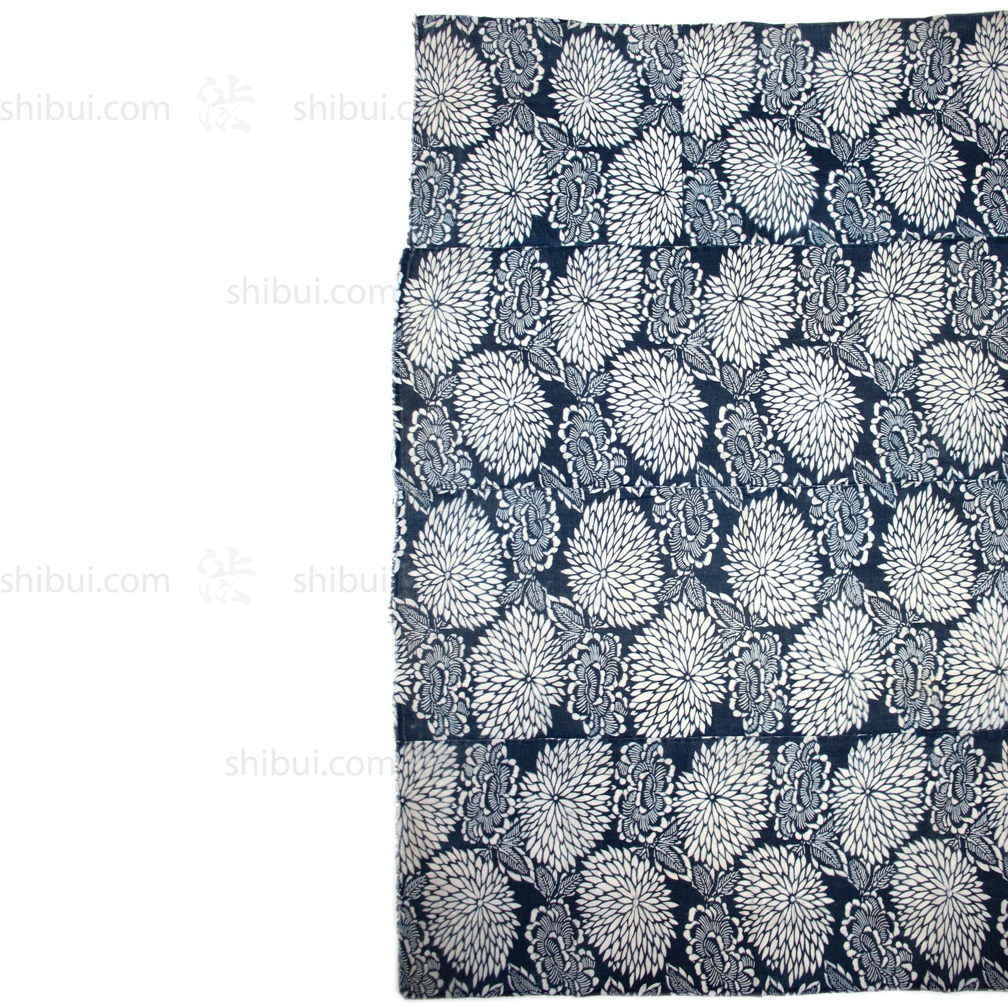 Katazome Futonji with Botan and Kiku Motif | Japanese Indigo