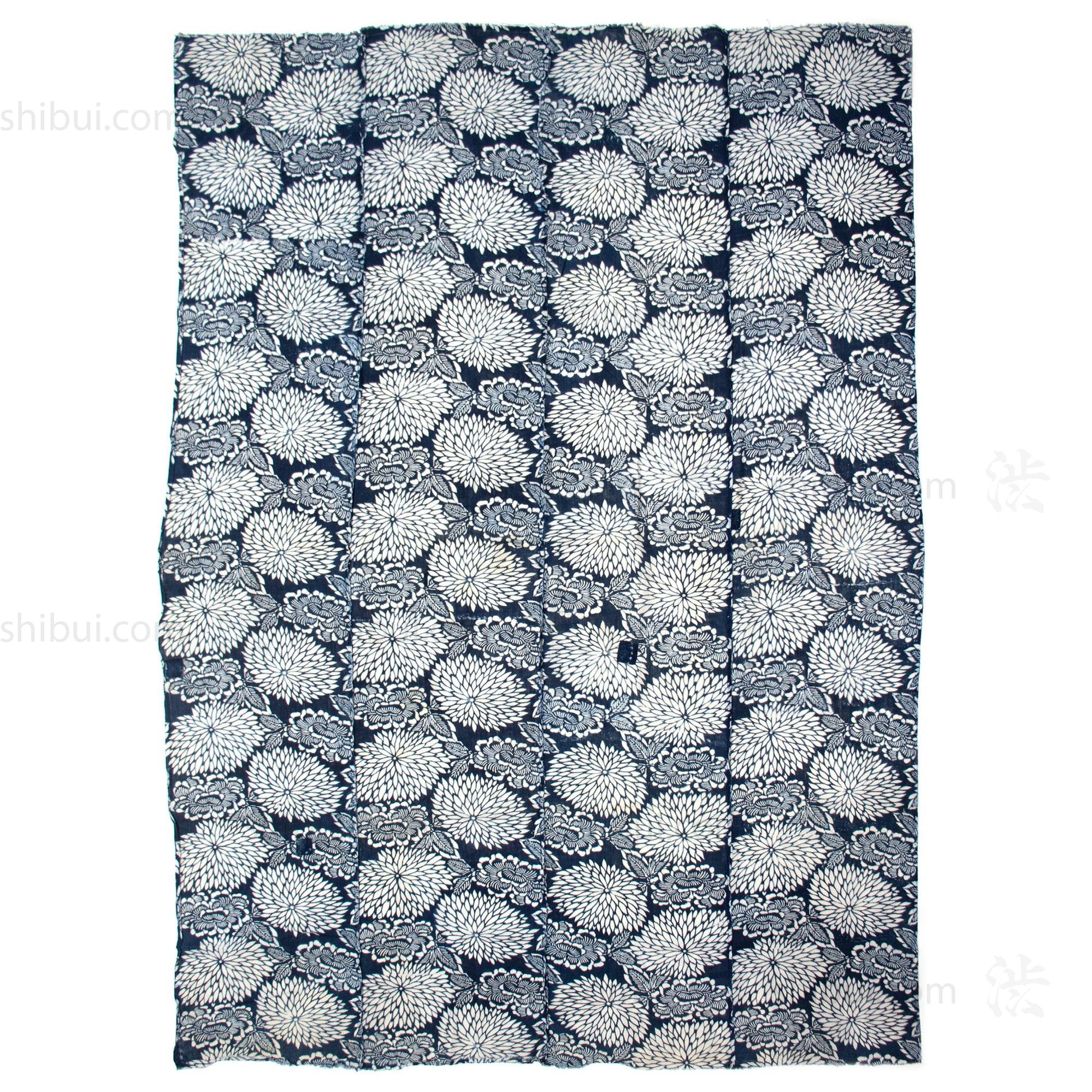 Katazome Futonji with Botan and Kiku Motif | Japanese Indigo