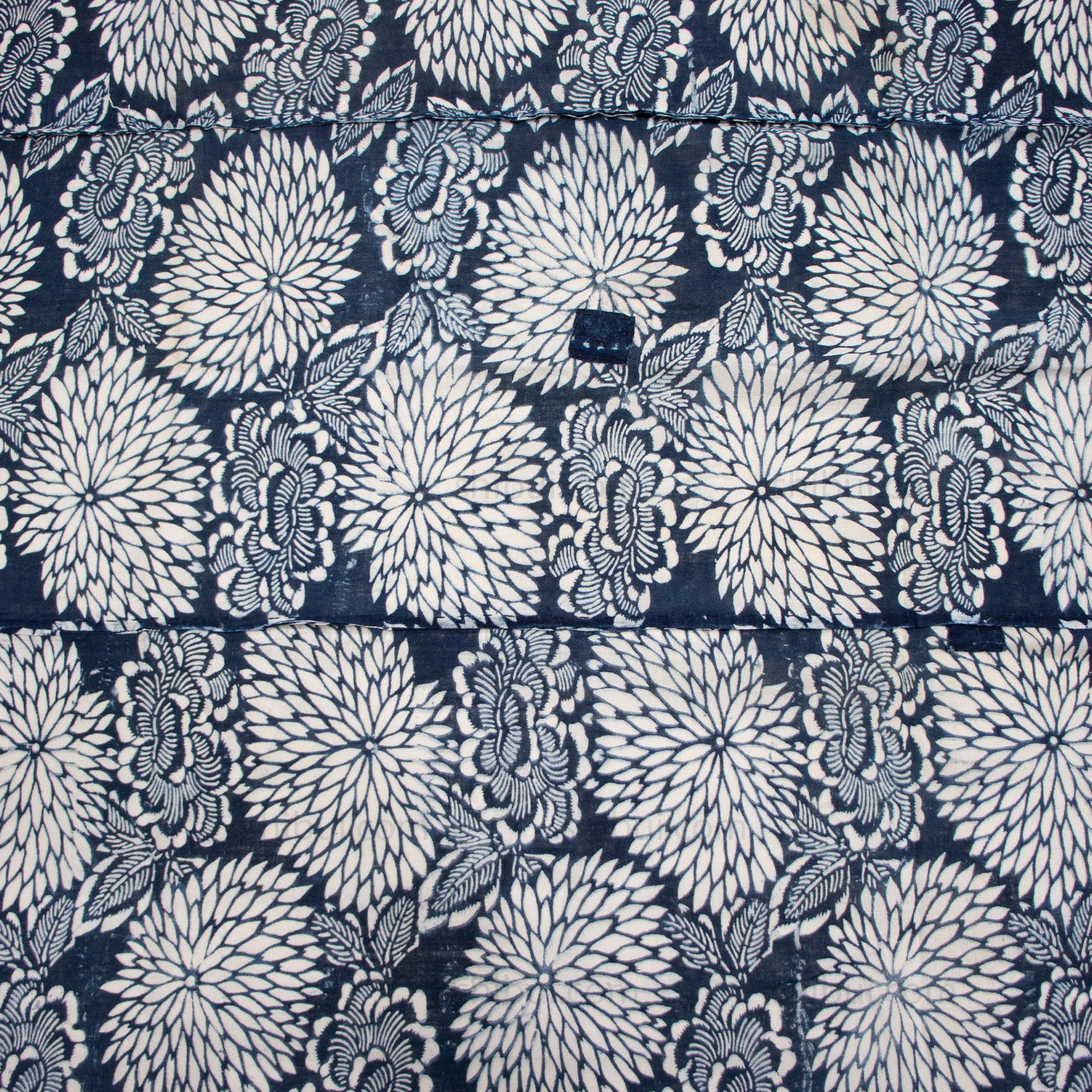 Katazome Futonji with Botan and Kiku Motif | Japanese Indigo