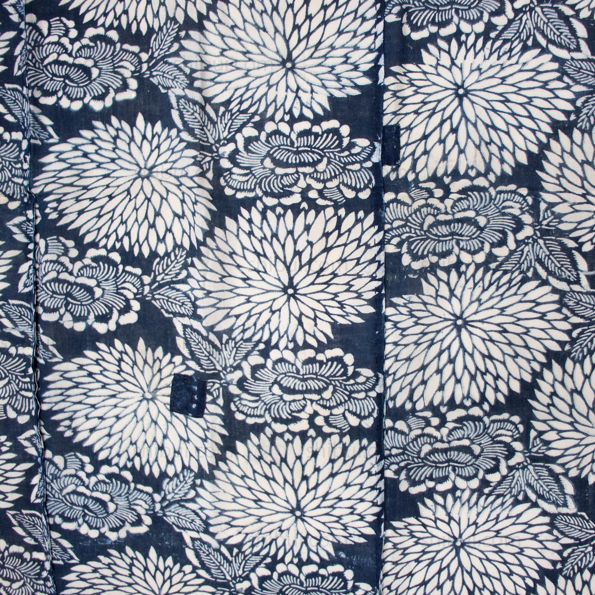 Katazome Futonji with Botan and Kiku Motif | Japanese Indigo