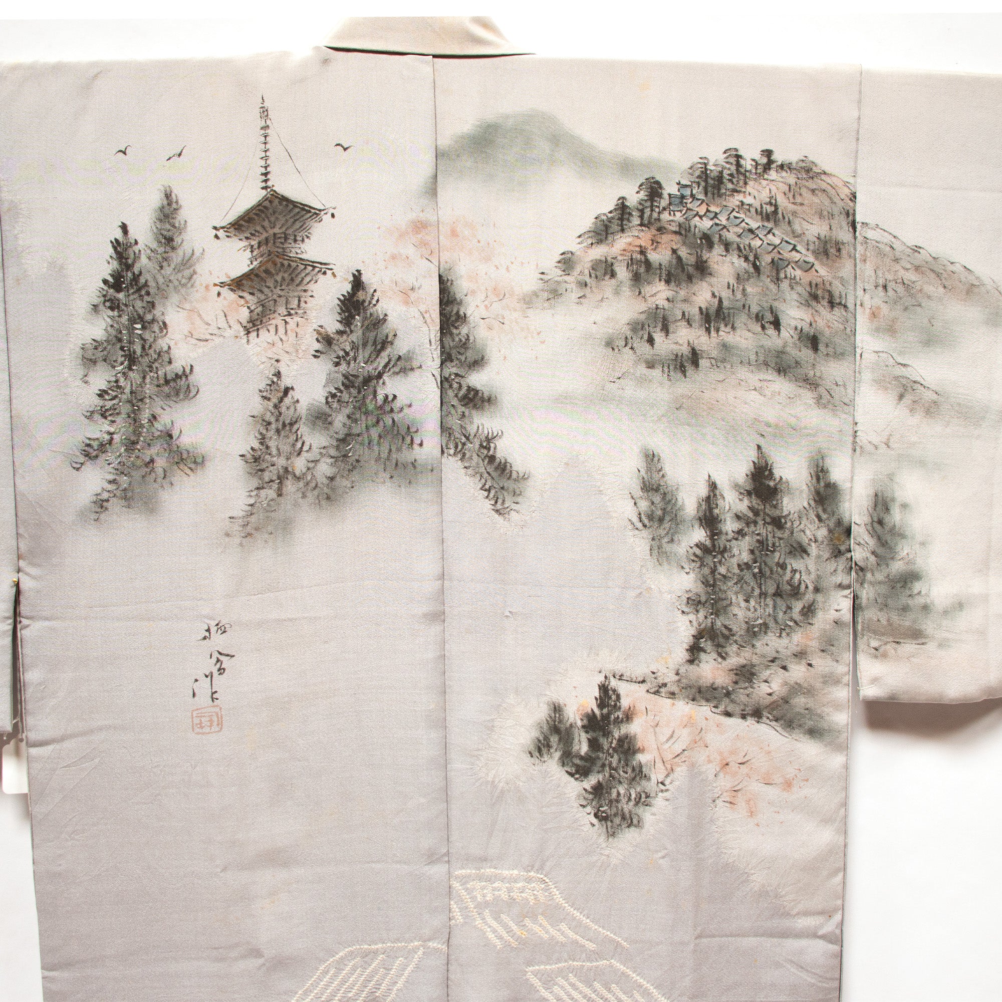 Mens Vintage Silk Nagajuban with Forest Scene on Back
