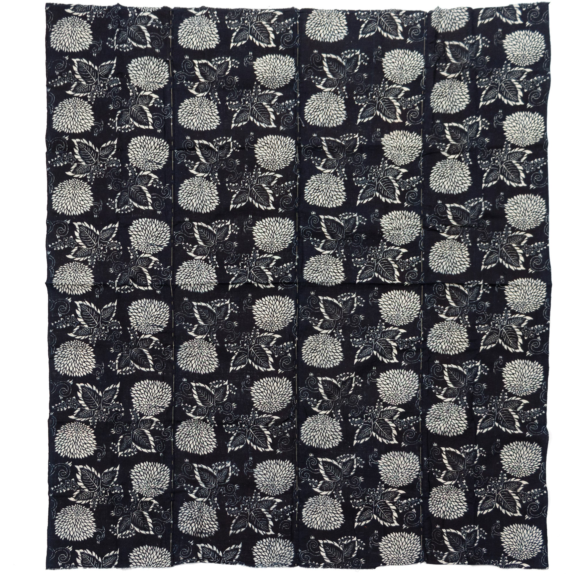Japanese Indigo Cotton Double Sided Katazome Sheet with Kiku and Kiri