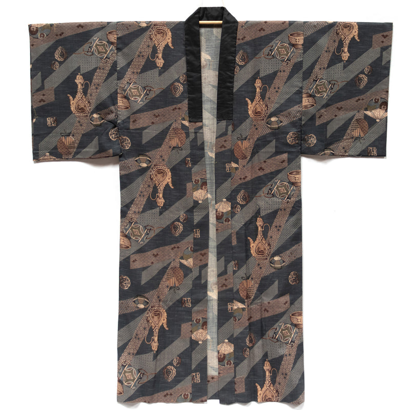 Mens Vintage Silk Nagajuban with Images of the Globe