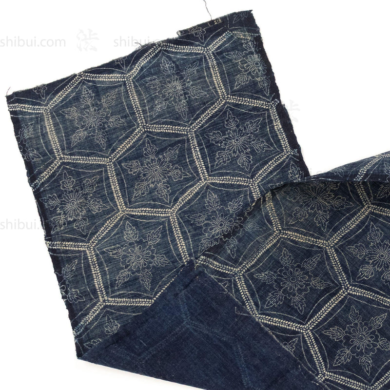 Japanese Indigo Katazome Panel Textile Snowflake Flower Pattern