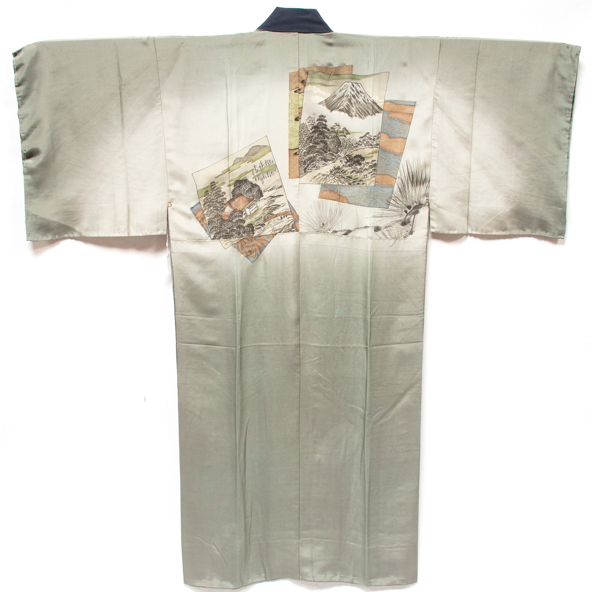 Mens Vintage Silk Nagajuban with Travel Scenes of Japan