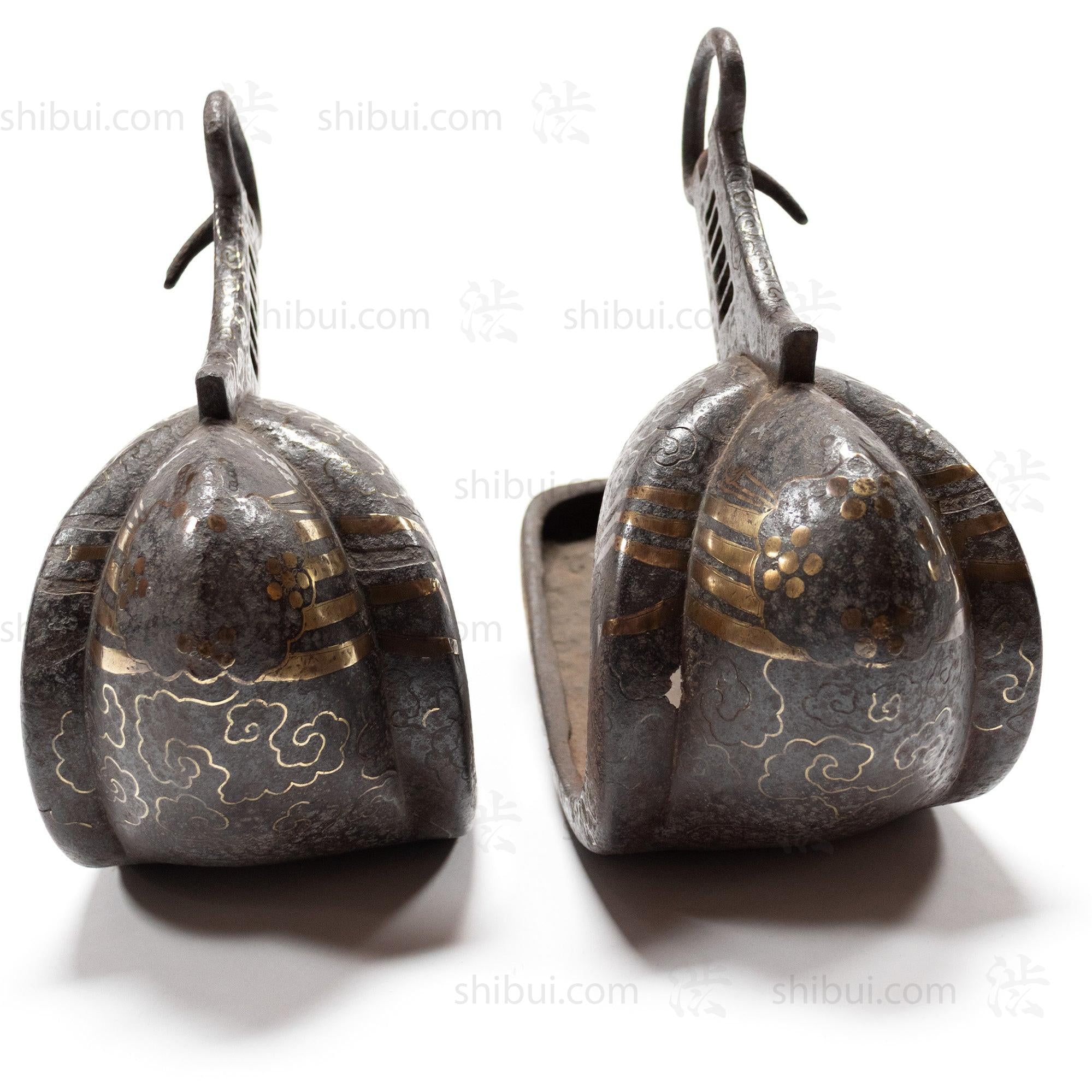 Japanese Antiques Abumi Pair of Stirrups with a Crab Motif