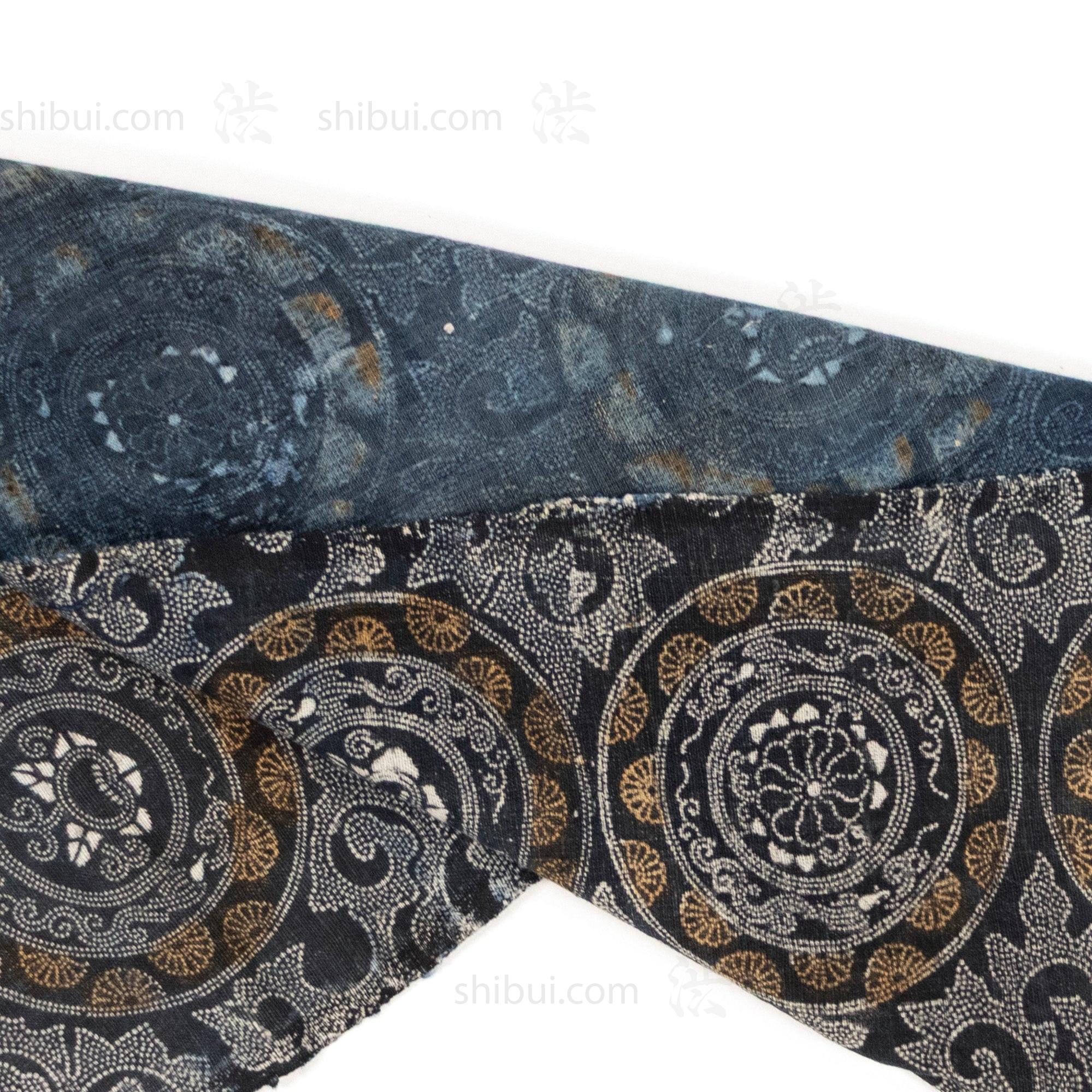 Japanese Indigo Katazome Panel Textile Arabesque Pattern with Flowers