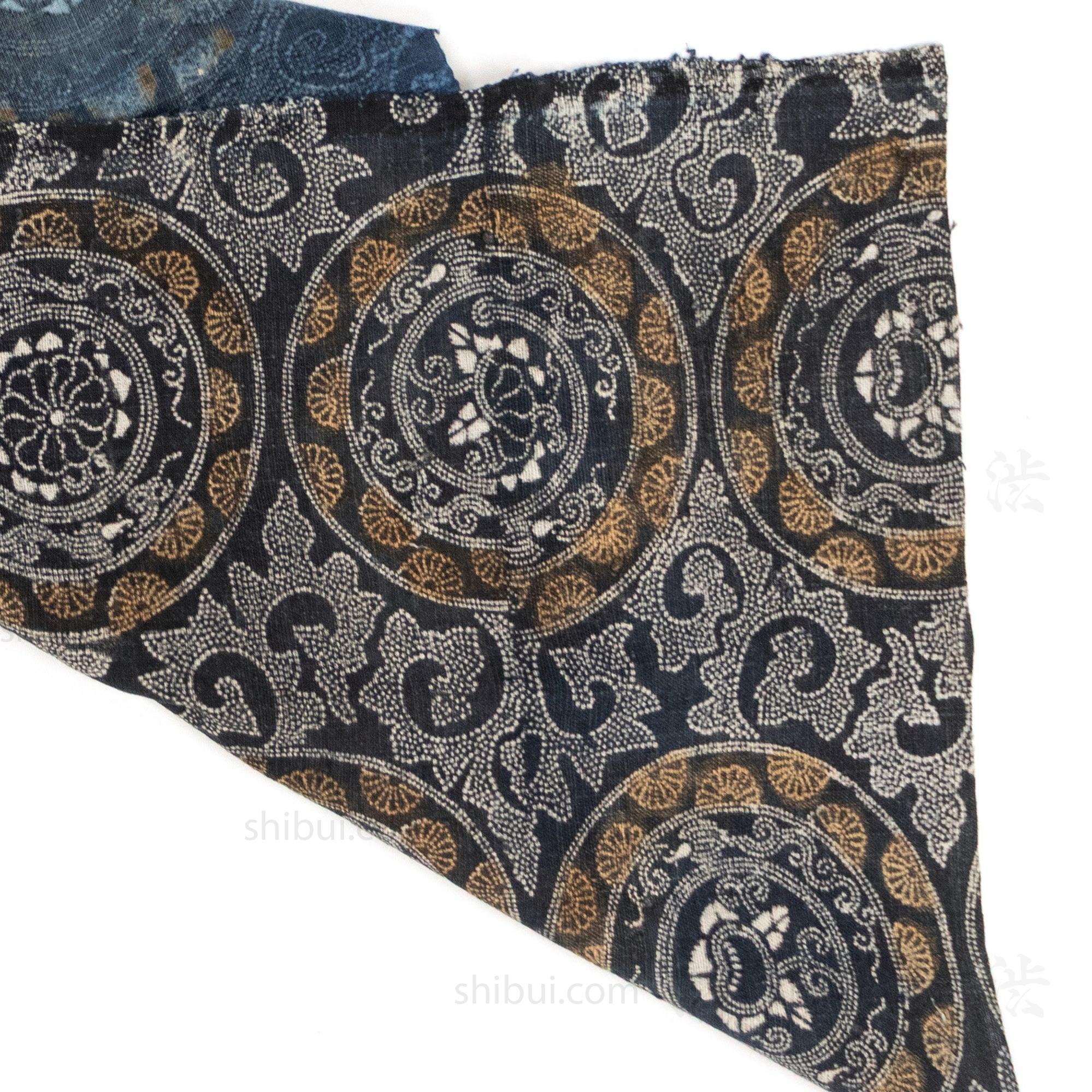 Japanese Indigo Katazome Panel Textile Arabesque Pattern with Flowers