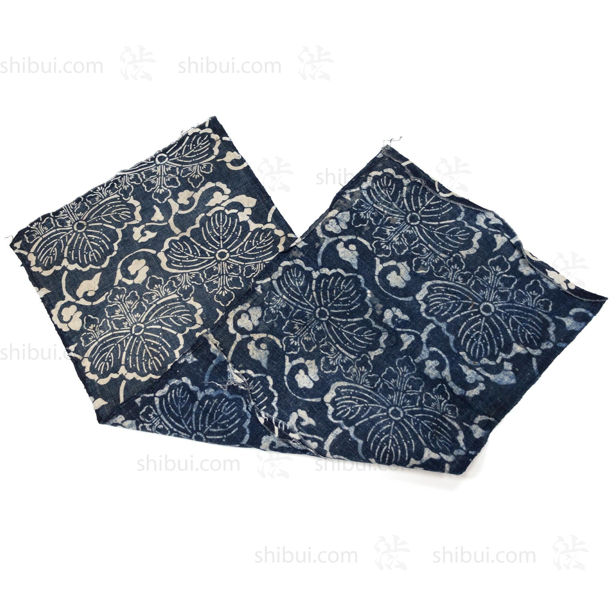 Japanese Indigo Katazome Panel Textile Kiri Leaf Arabesque Pattern