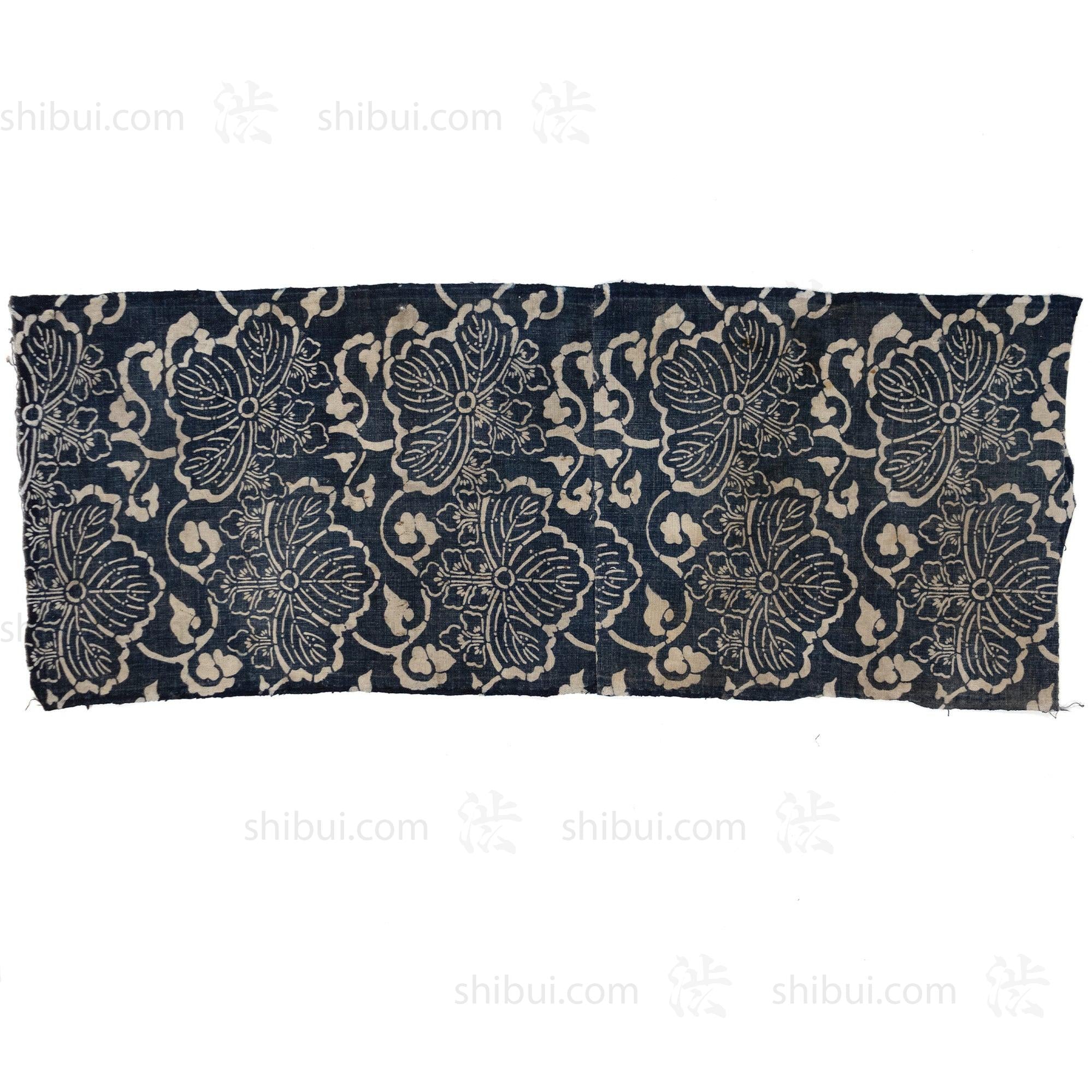 Japanese Indigo Katazome Panel Textile Kiri Leaf Arabesque Pattern