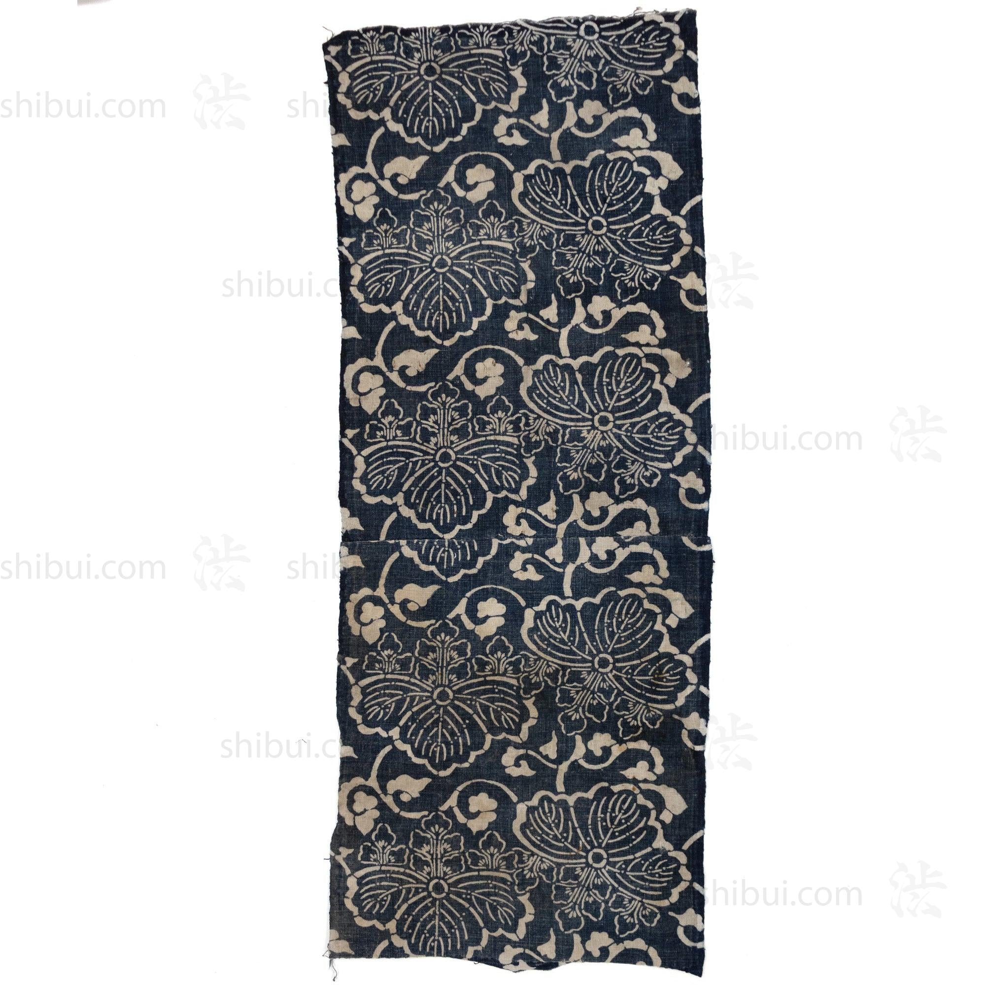 Japanese Indigo Katazome Panel Textile Kiri Leaf Arabesque Pattern