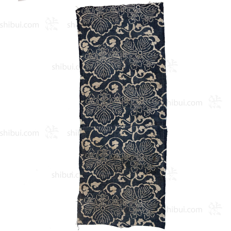 Japanese Indigo Katazome Panel Textile Kiri Leaf Arabesque Pattern