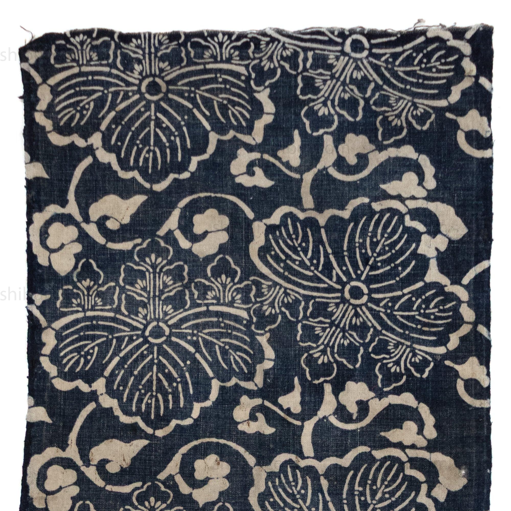Japanese Indigo Katazome Panel Textile Kiri Leaf Arabesque Pattern