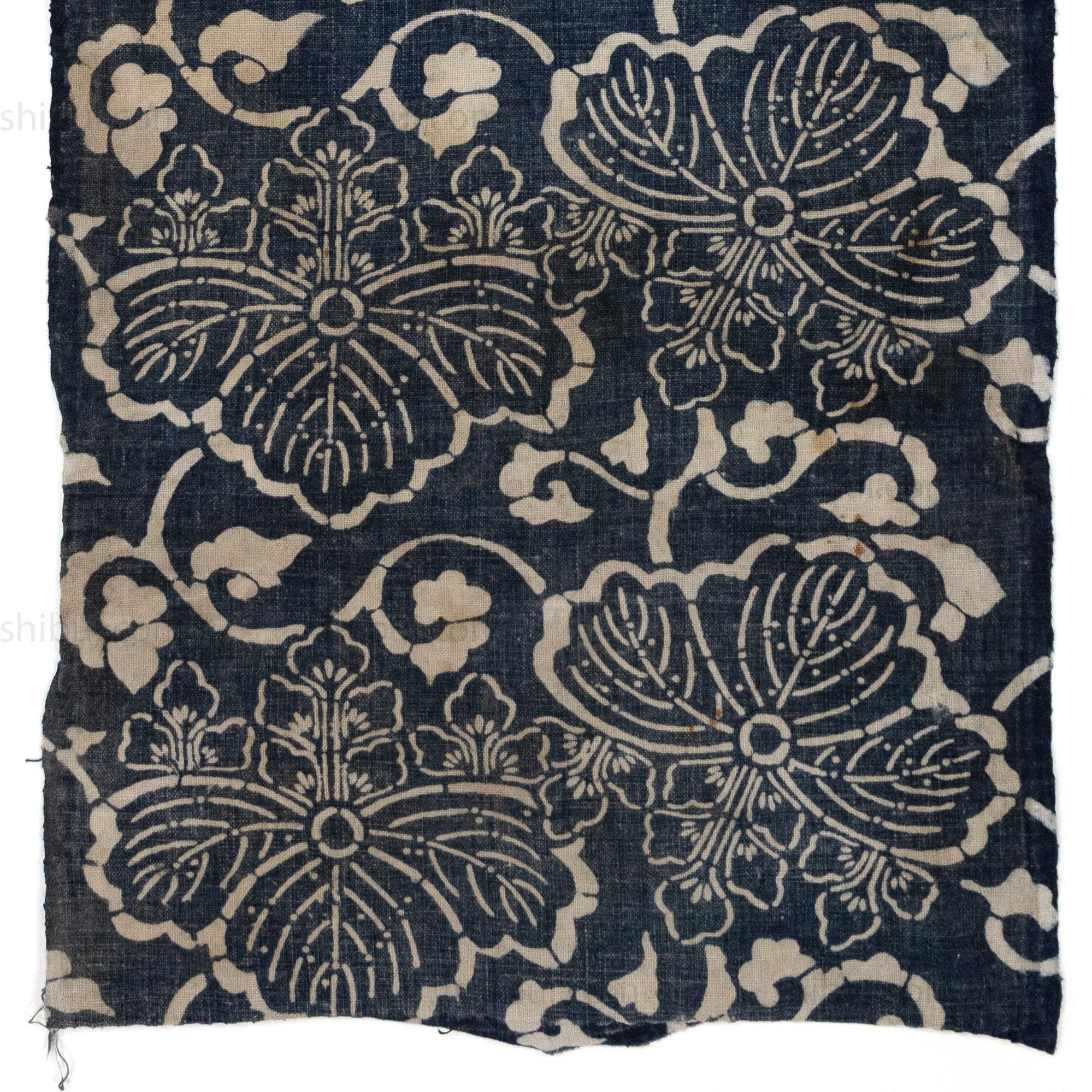Japanese Indigo Katazome Panel Textile Kiri Leaf Arabesque Pattern