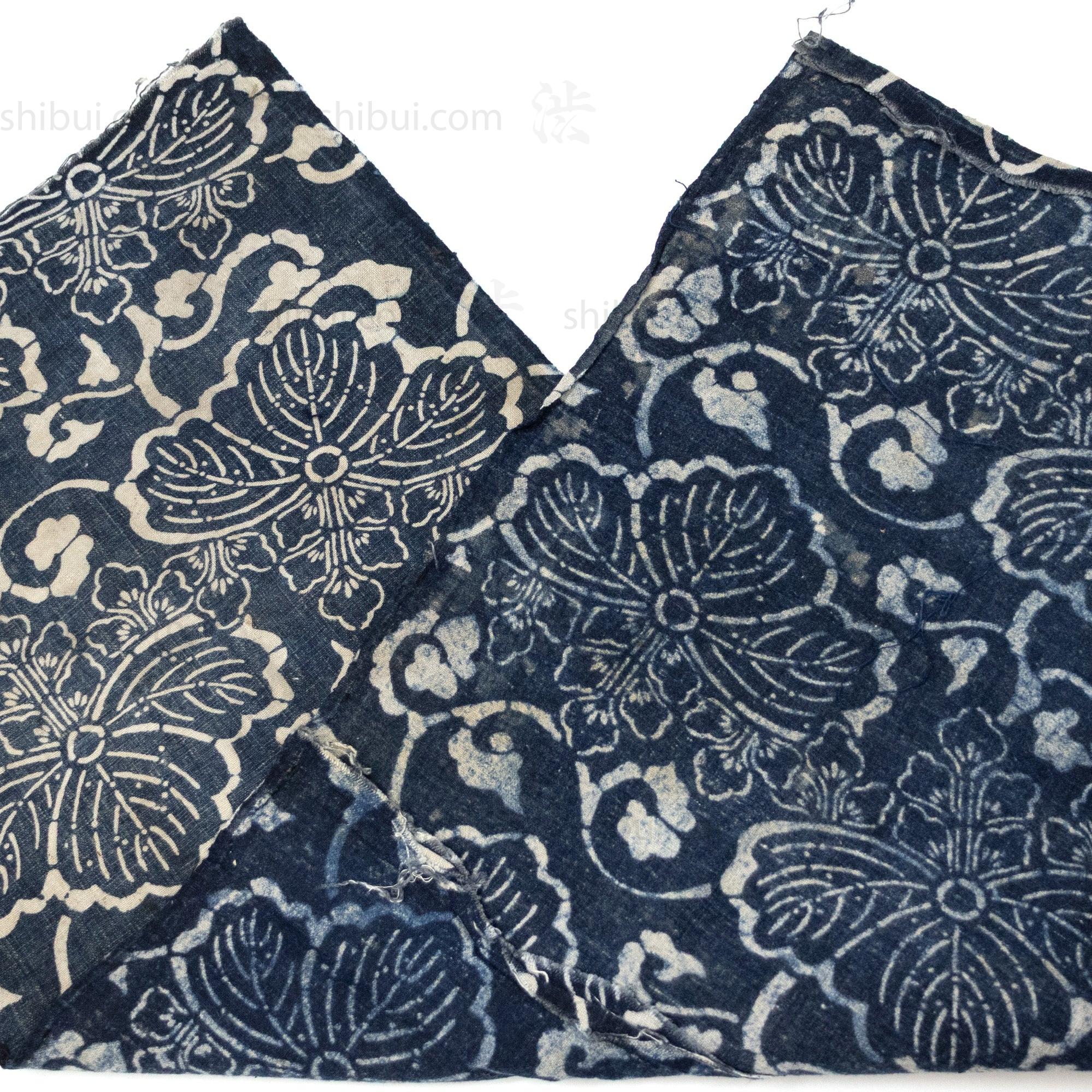 Japanese Indigo Katazome Panel Textile Kiri Leaf Arabesque Pattern