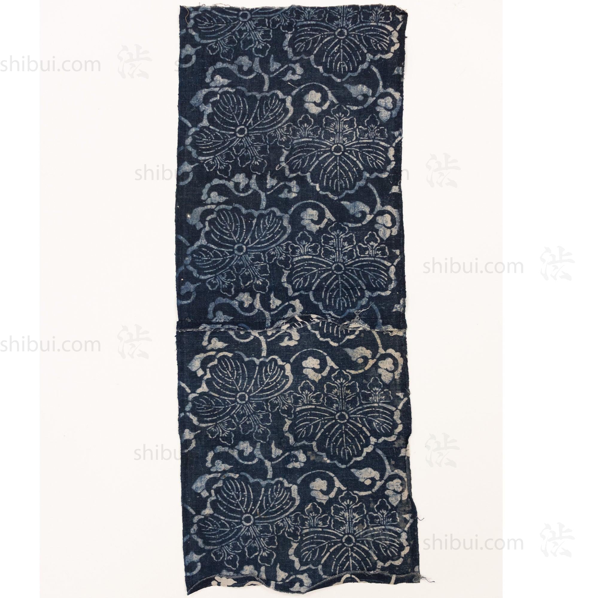 Japanese Indigo Katazome Panel Textile Kiri Leaf Arabesque Pattern