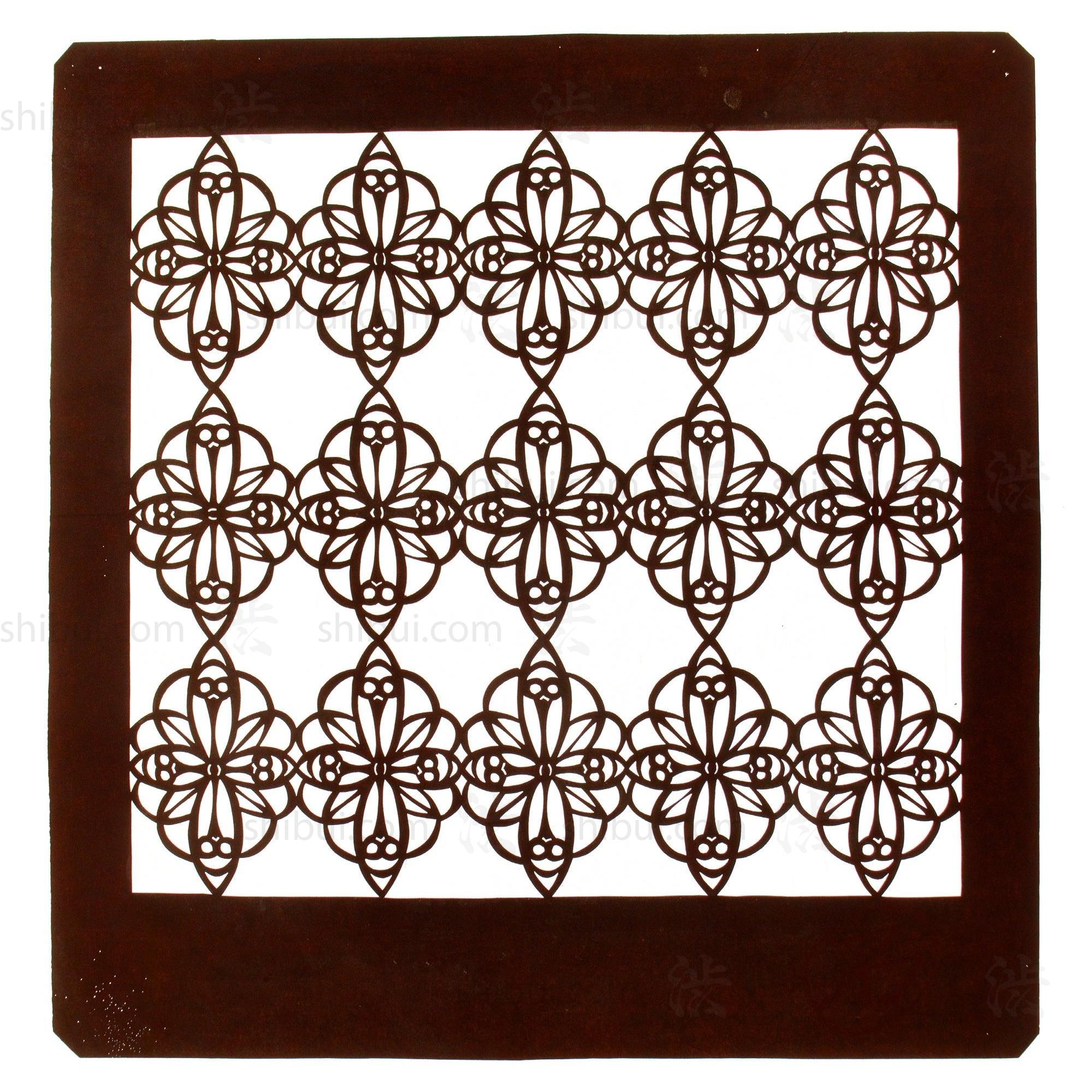 Pair of Floral Geometric Motif Katagami | Japanese Lacquered Paper Stencil