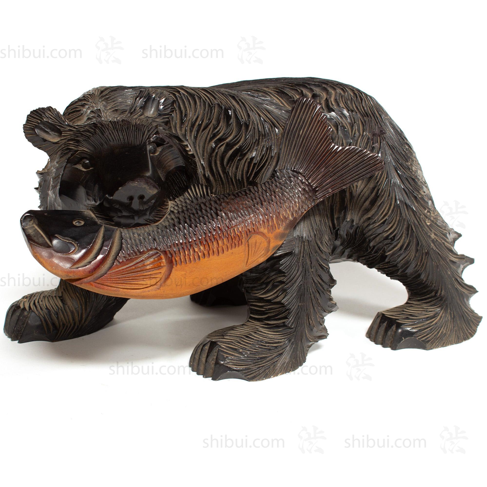 Kibori Kuma | Hand Carved Wood Bear | Japanese Hand Carved Bear with Salmon