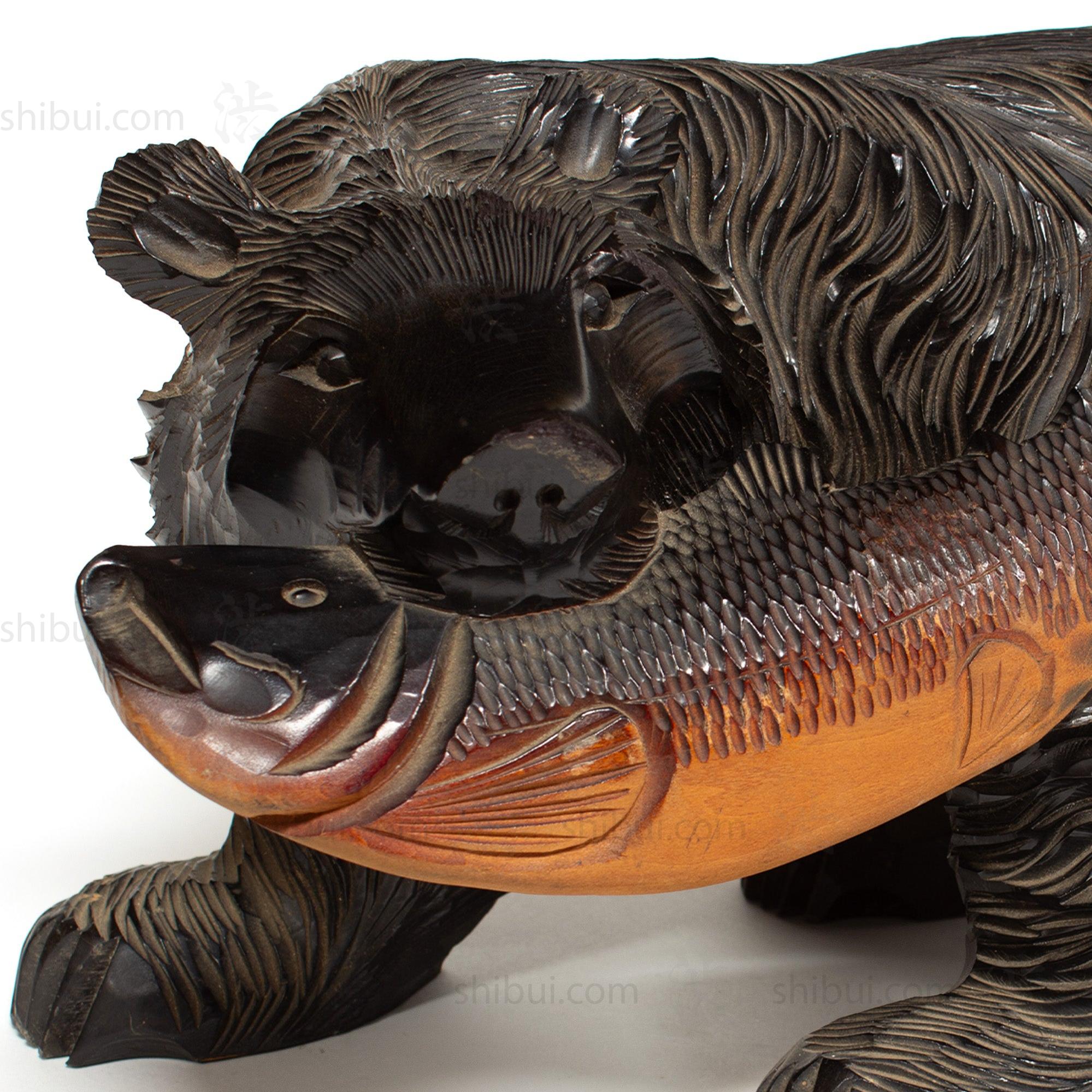 Kibori Kuma | Hand Carved Wood Bear | Japanese Hand Carved Bear with Salmon