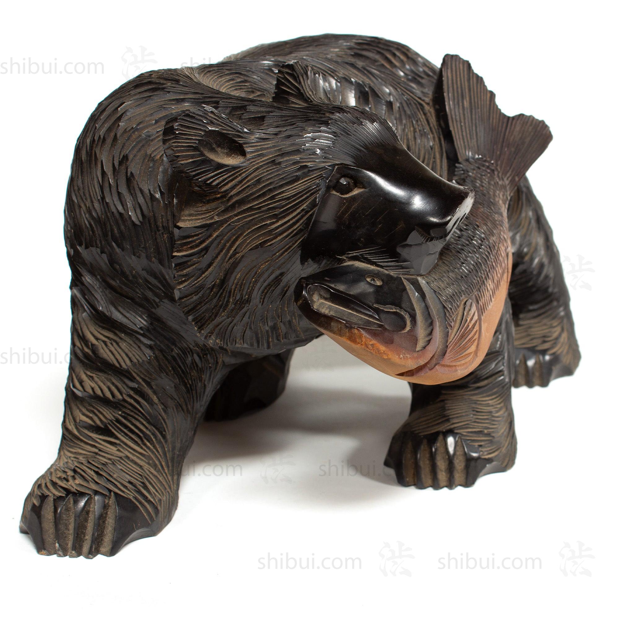 Kibori Kuma | Hand Carved Wood Bear | Japanese Hand Carved Bear with Salmon