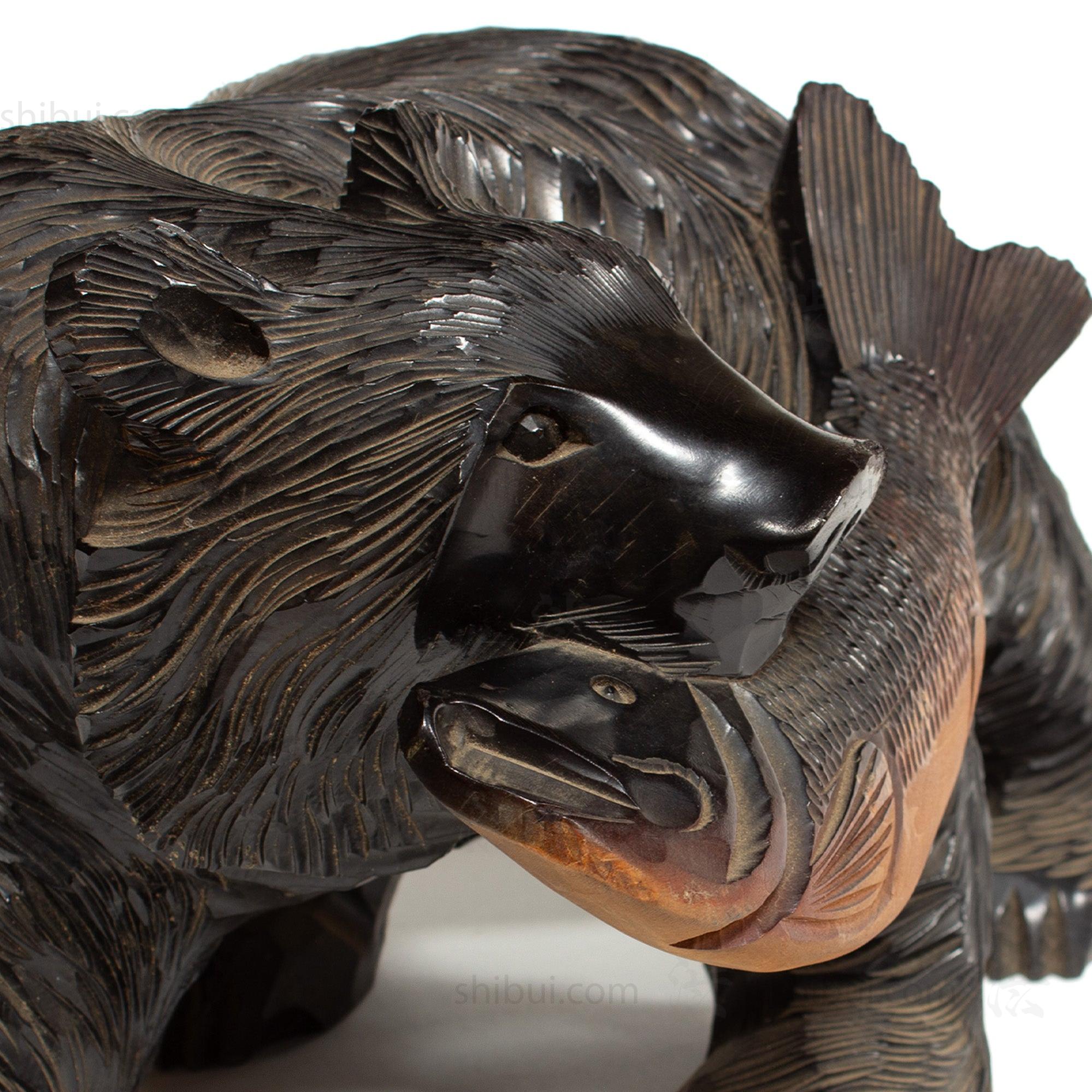 Kibori Kuma | Hand Carved Wood Bear | Japanese Hand Carved Bear with Salmon