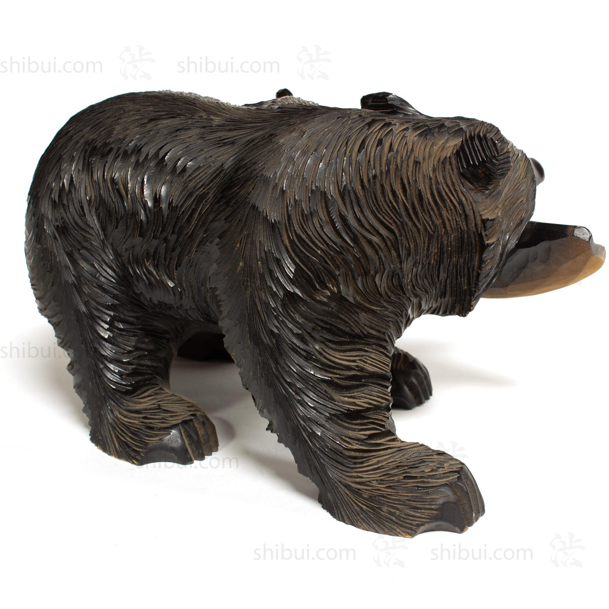 Kibori Kuma | Hand Carved Wood Bear | Japanese Hand Carved Bear with Salmon