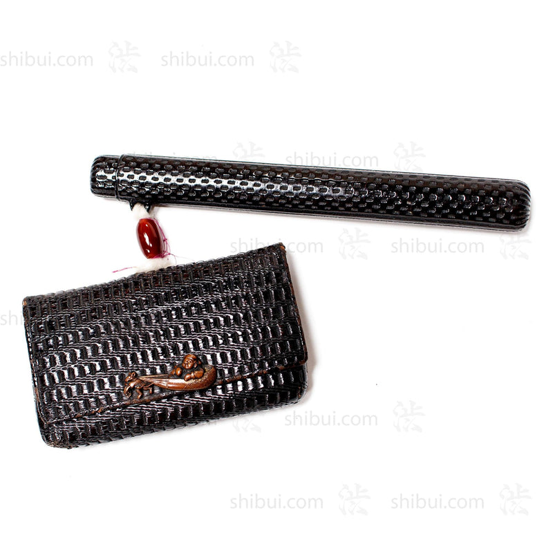 Black Japanese Antique Tonkotsu Wallet Pouch and Kiseru Pipe Case