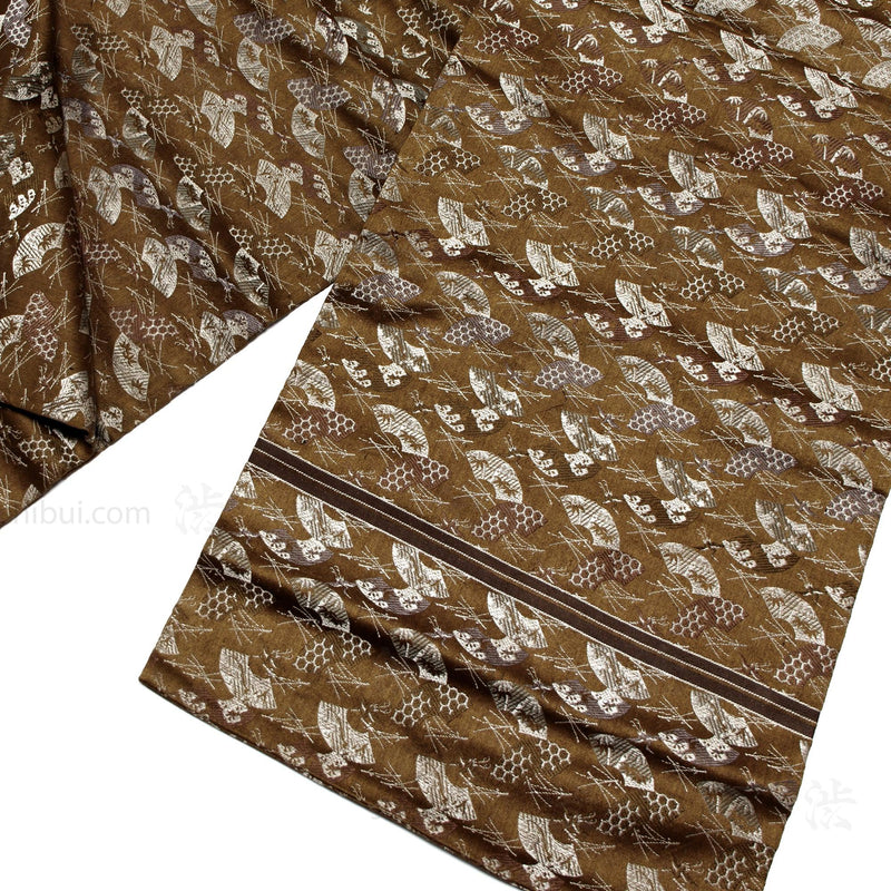 Japanese Silk Brocade Maru Obi with Pine and Fan Motif