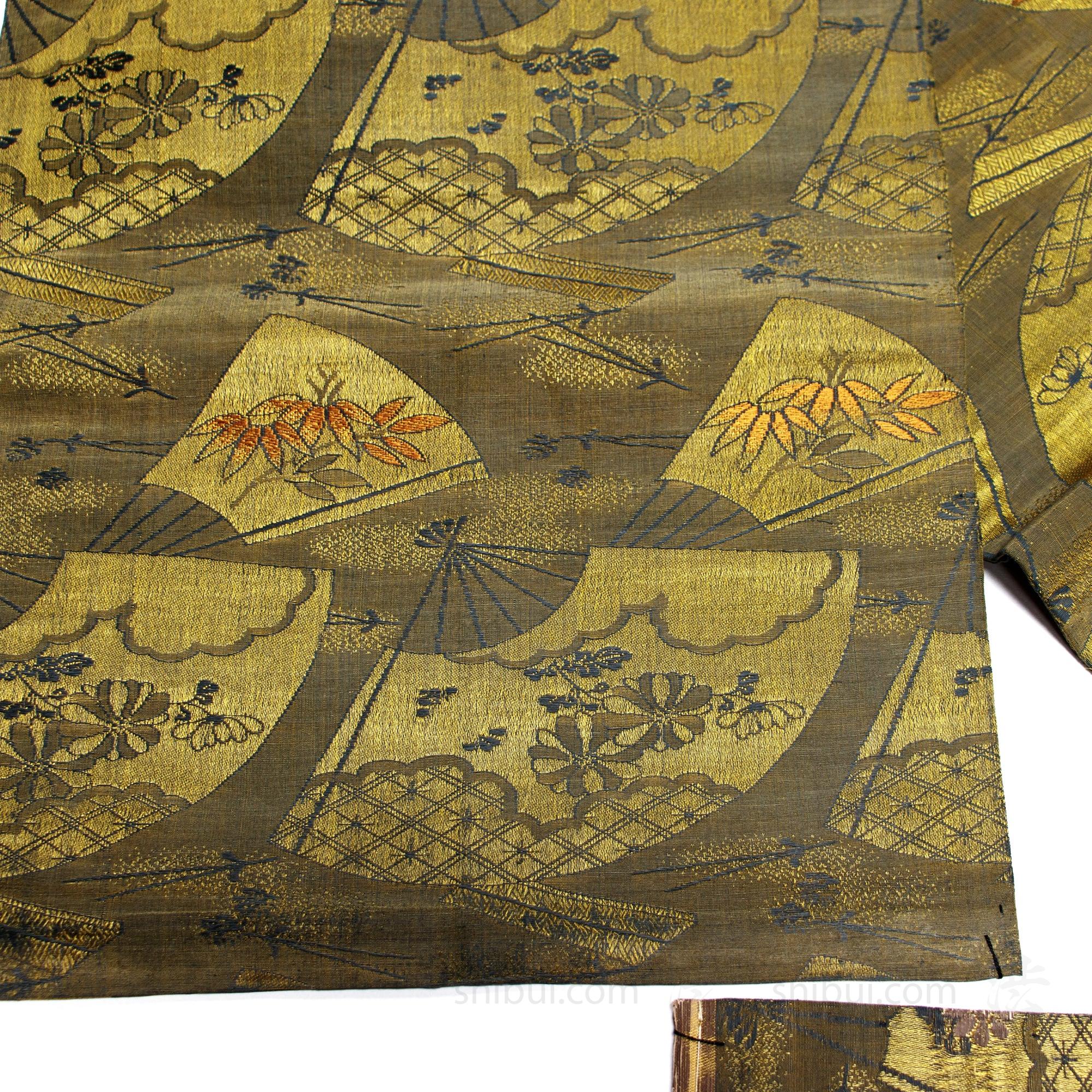 Fan & Pine Needle - Japanese Silk Brocade Maru Obi