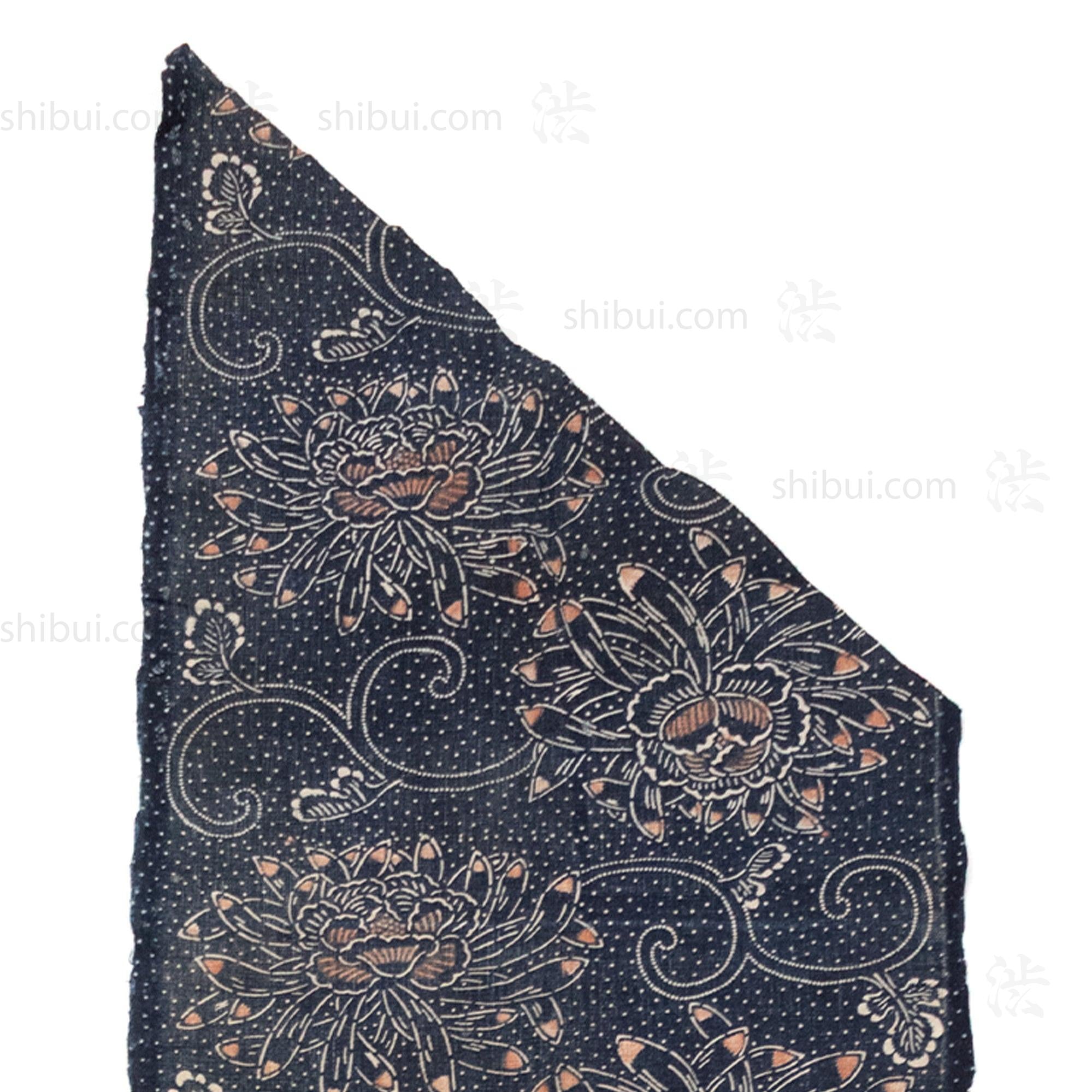 Japanese Indigo Katazome Panel Textile Orange Tipped Flowers