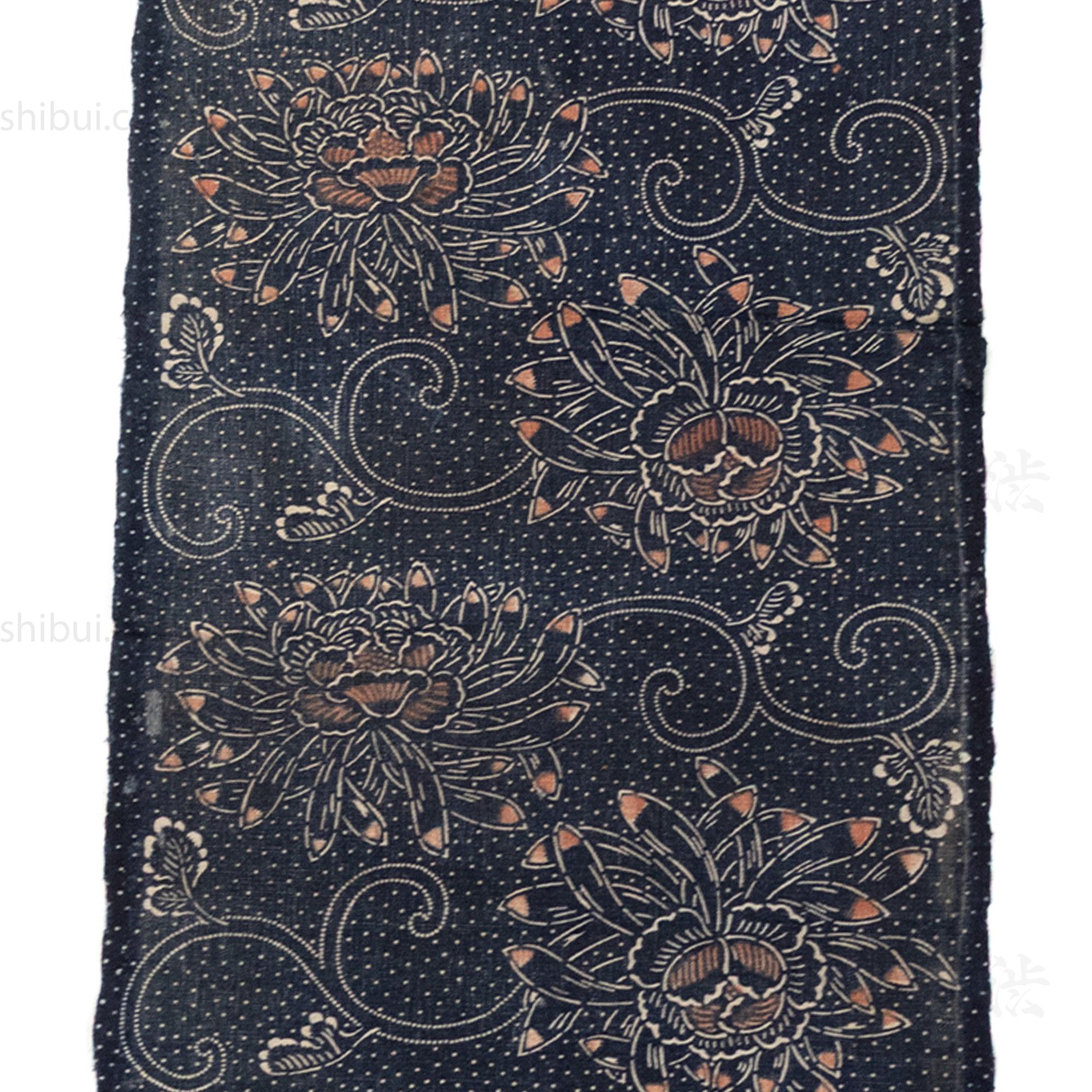 Japanese Indigo Katazome Panel Textile Orange Tipped Flowers