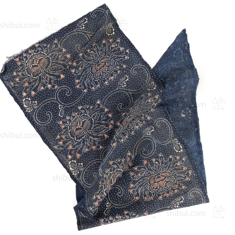 Japanese Indigo Katazome Panel Textile Orange Tipped Flowers