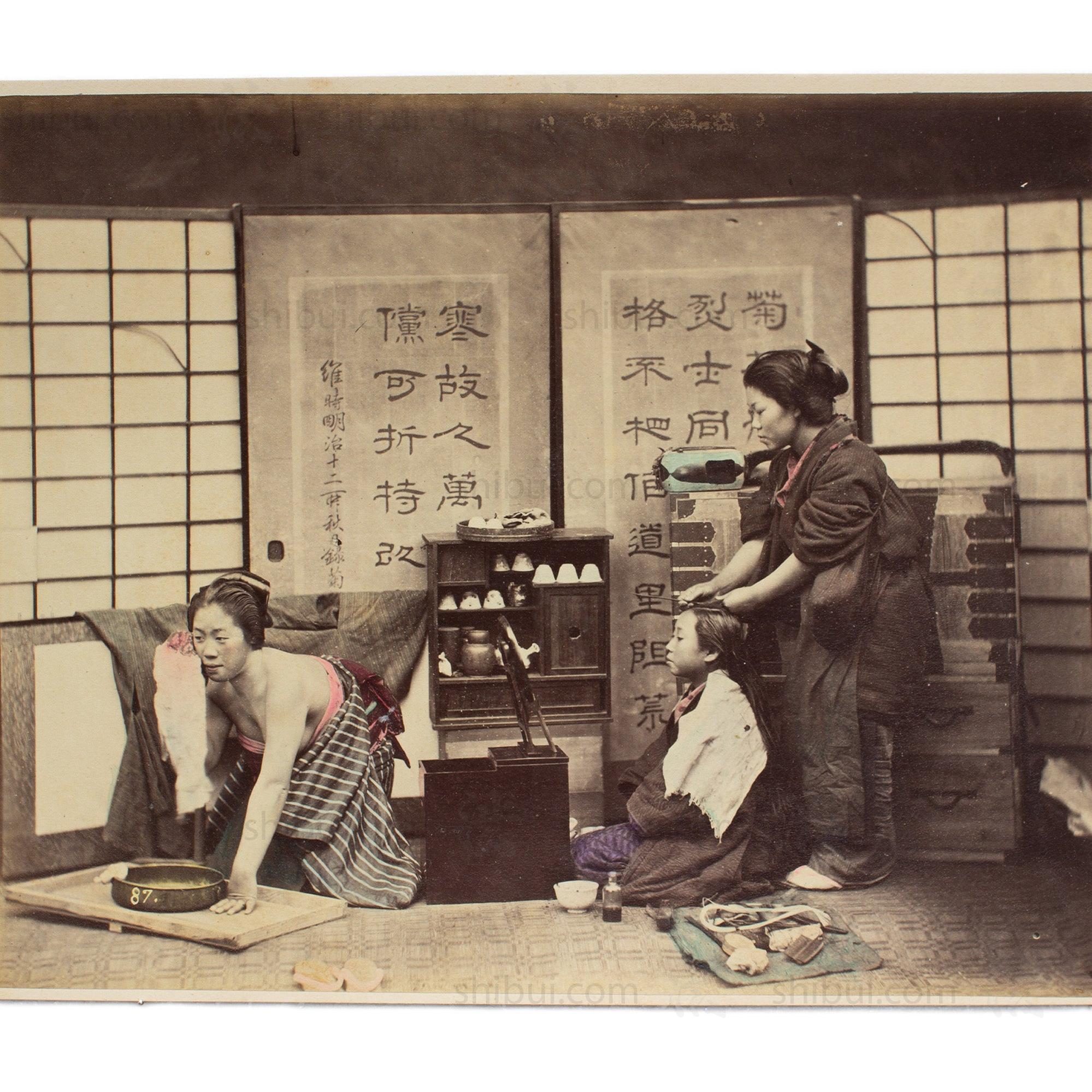 Hand Tinted Albumen of Girl's Hairdresser | Antique Japanese Photograph