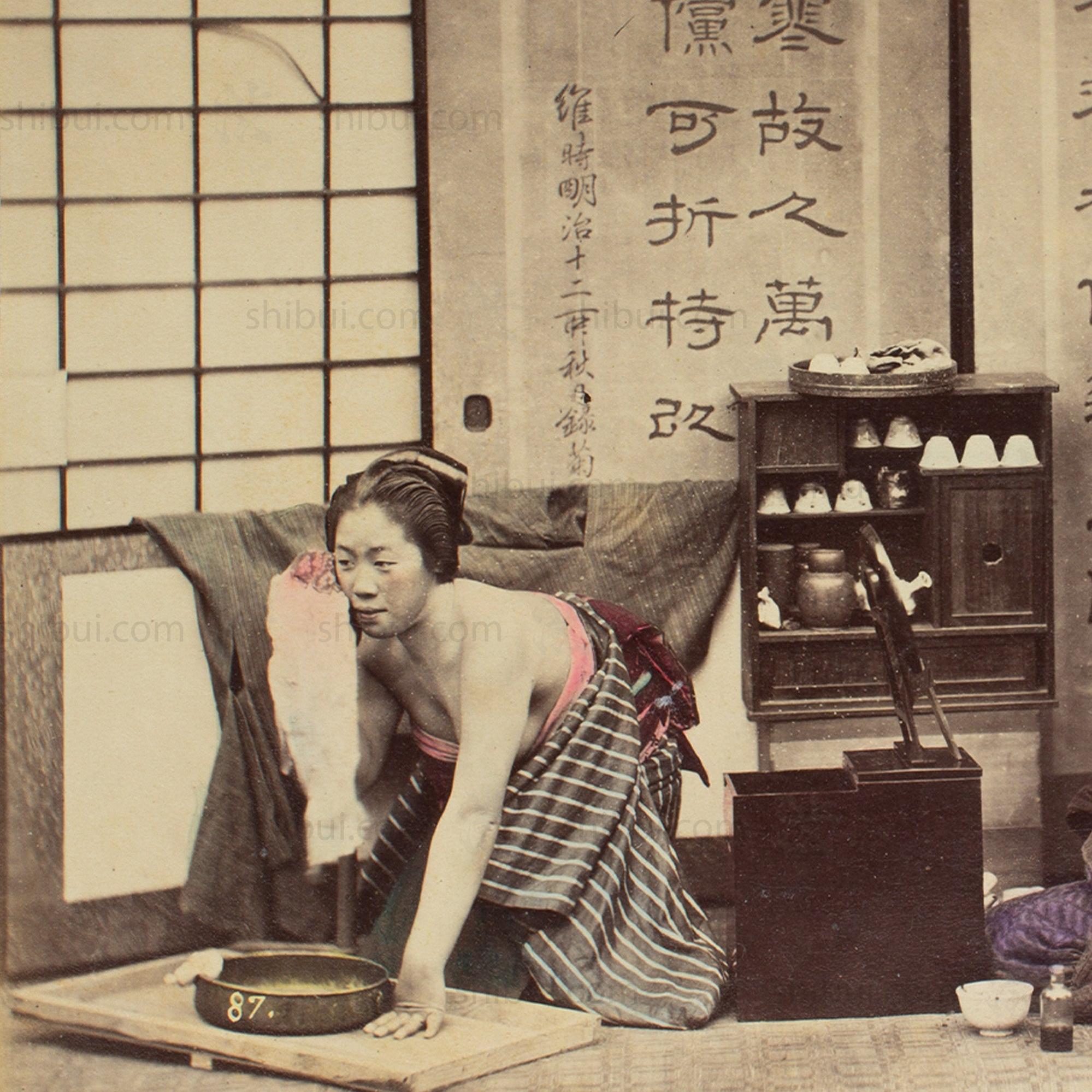 Hand Tinted Albumen of Girl's Hairdresser | Antique Japanese Photograph
