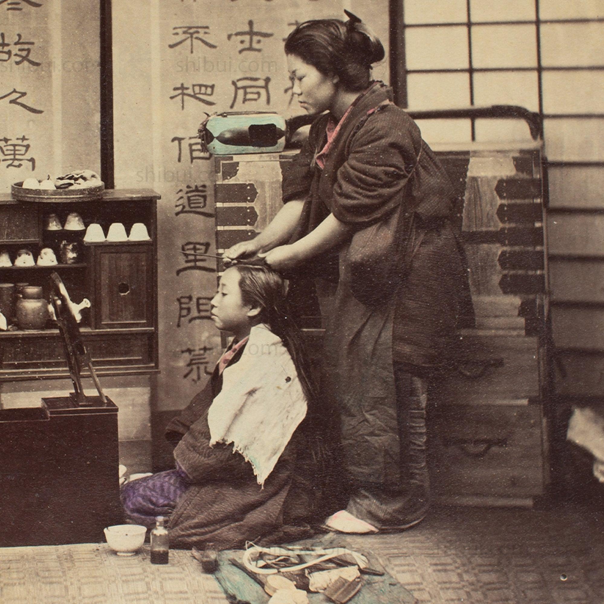 Hand Tinted Albumen of Girl's Hairdresser | Antique Japanese Photograph