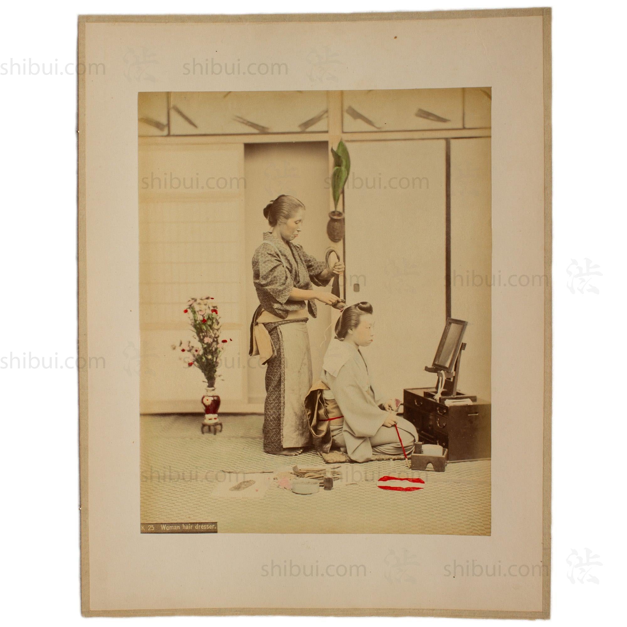 Hand Tinted Albumen of Female Hairdresser | Antique Japanese Photograph