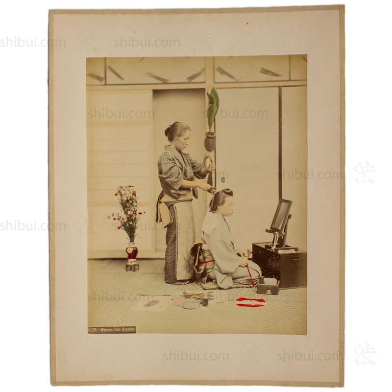 Hand Tinted Albumen of Female Hairdresser | Antique Japanese Photograph