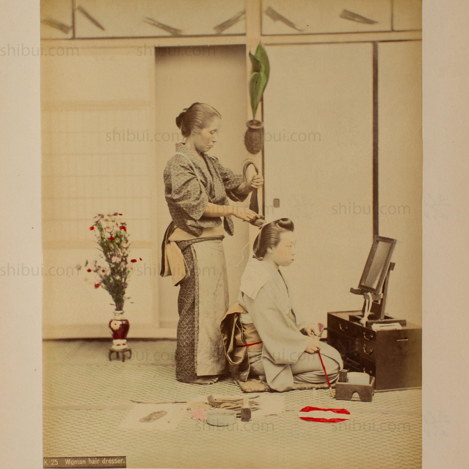 Hand Tinted Albumen of Female Hairdresser | Antique Japanese Photograph