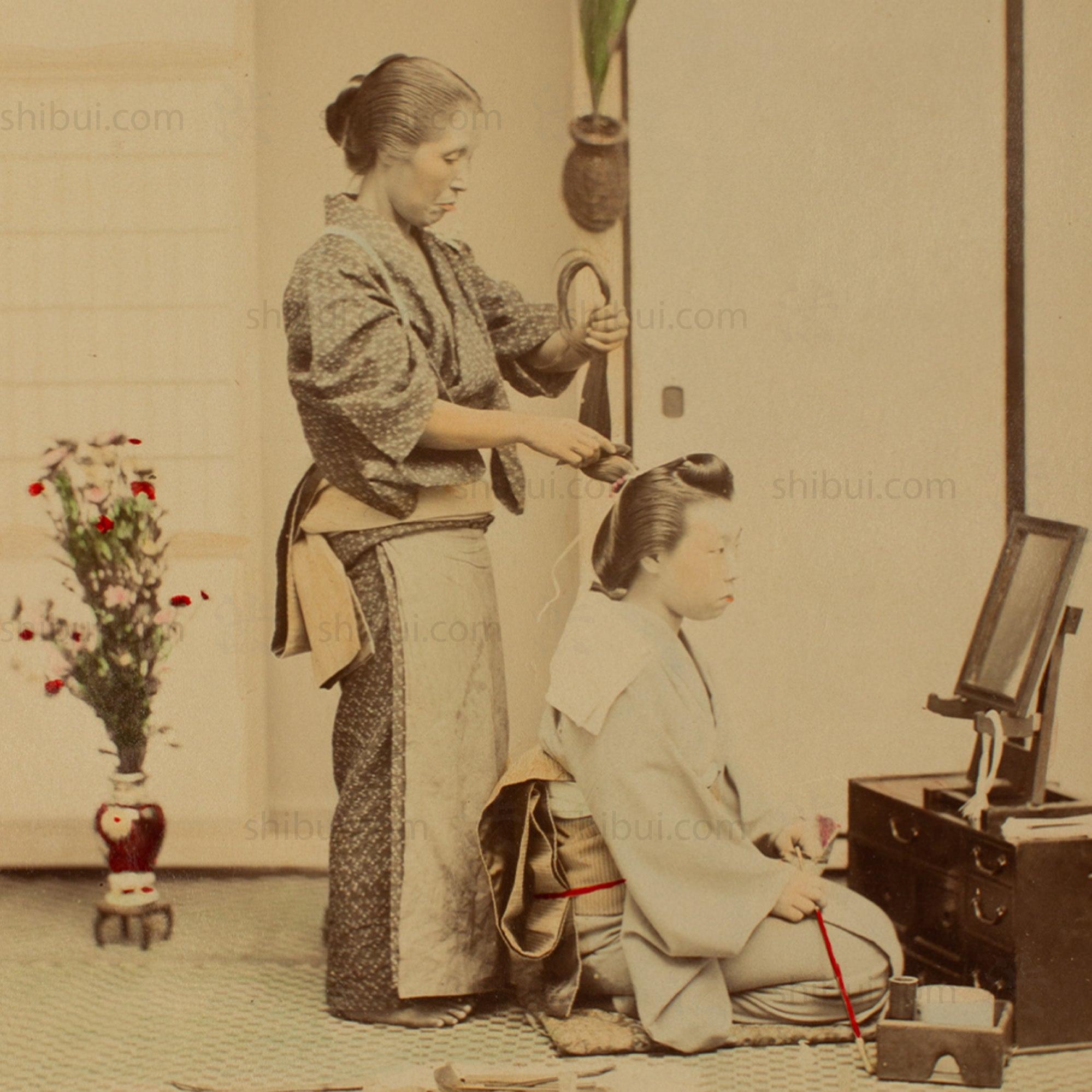 Hand Tinted Albumen of Female Hairdresser | Antique Japanese Photograph